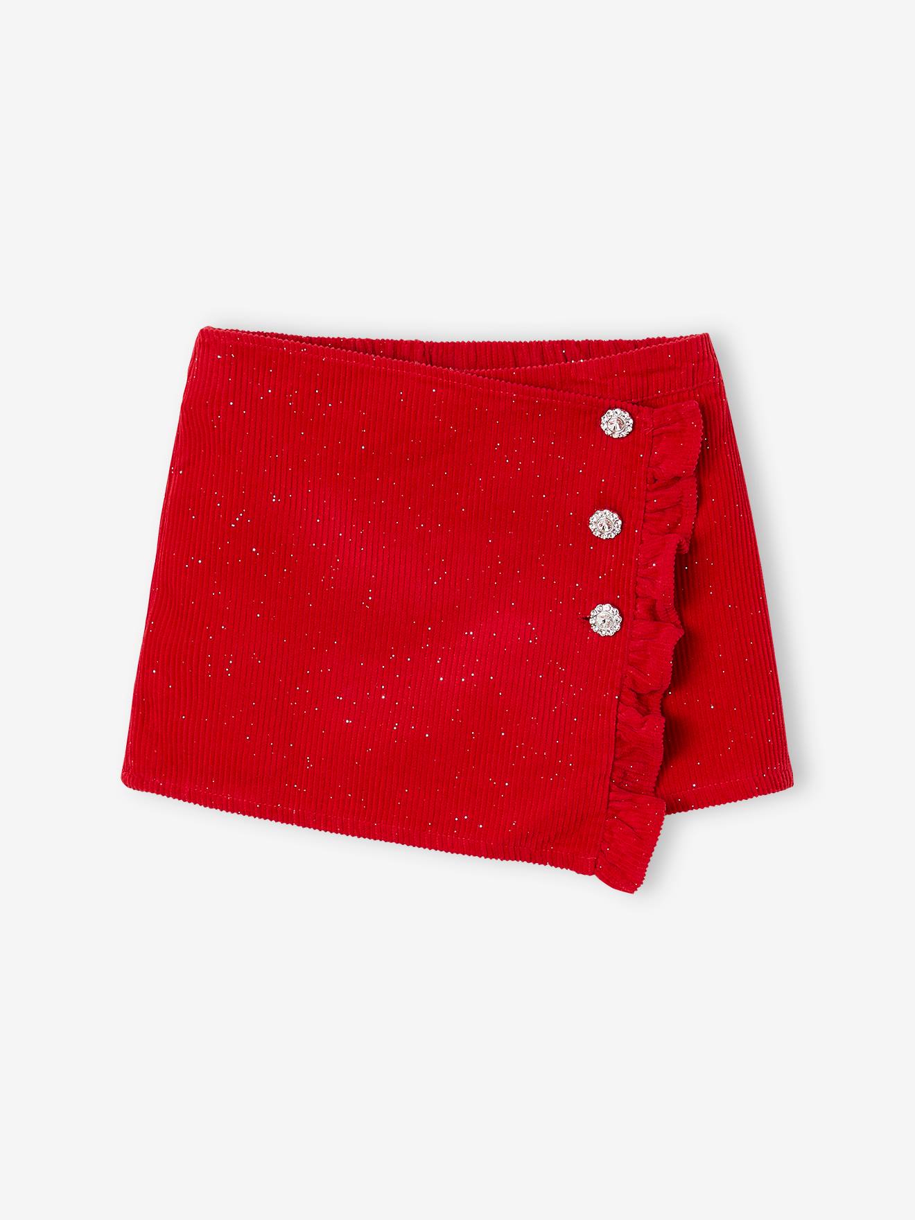 Jupe-short fille en velours effet portefeuille rouge