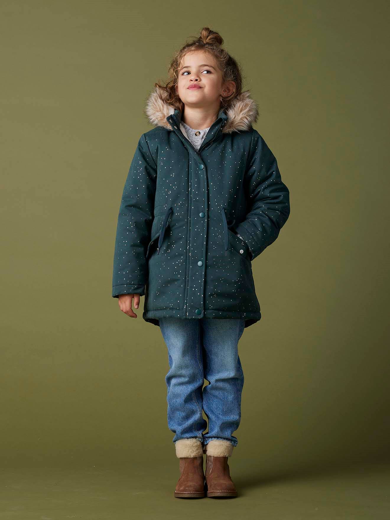 Parka à paillettes glitter fille doublée fausse fourrure vert émeraude