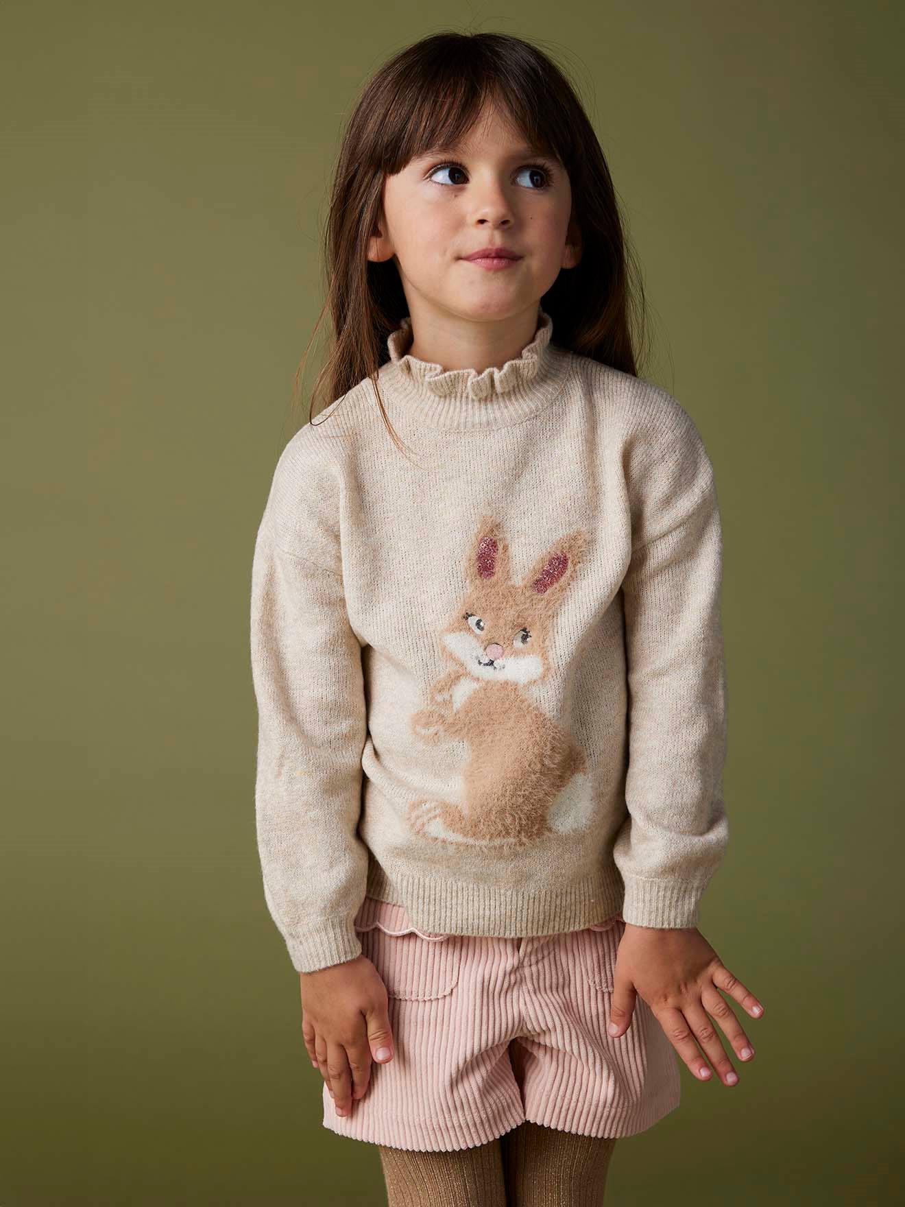 Pull jacquard animalier animé de paillettes fille beige chiné