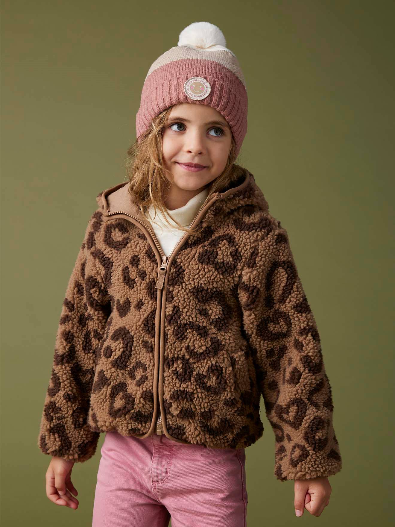 Veste fille à capuche sherpa imprimée léopard marron imprimé
