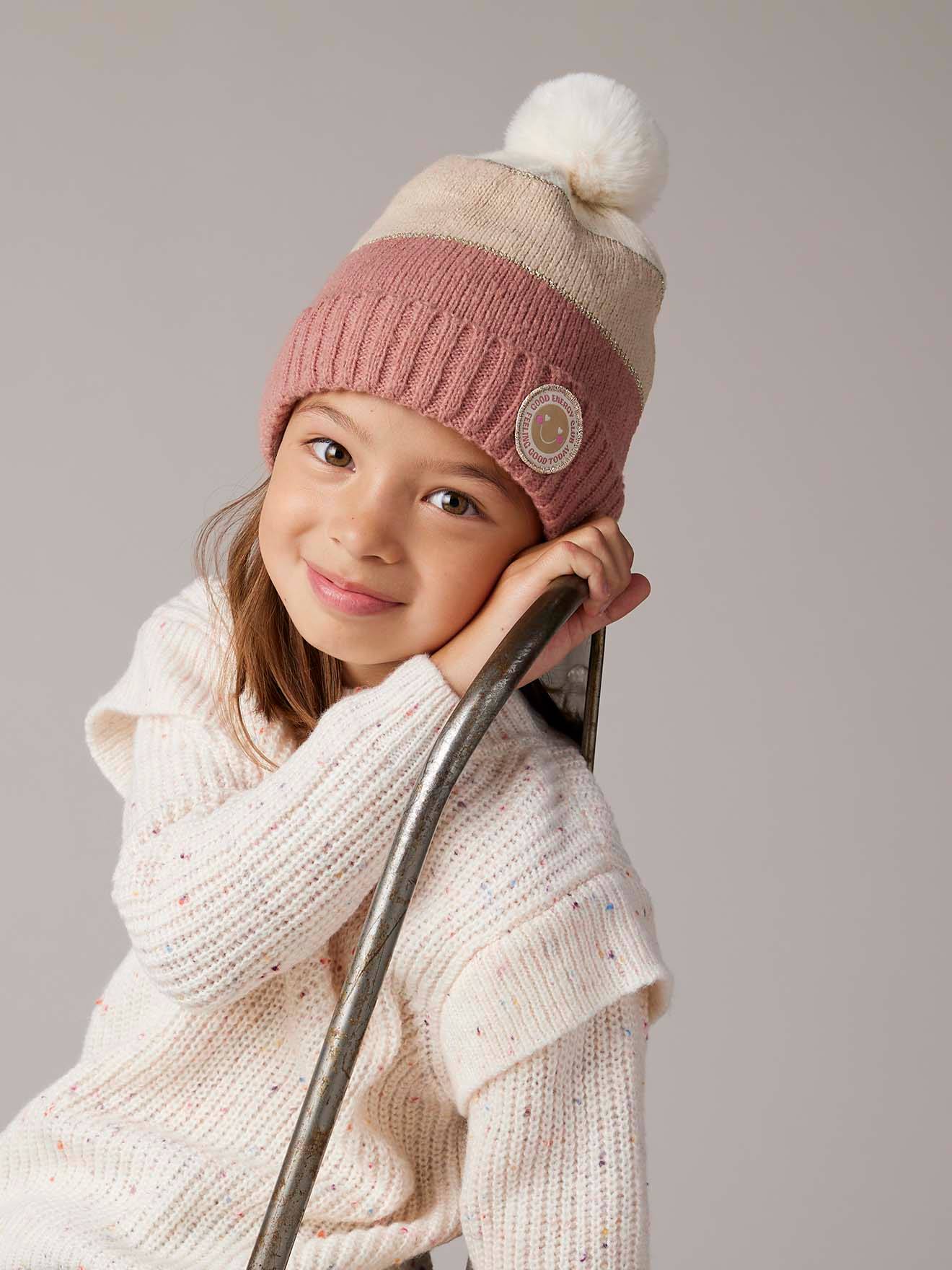 Ensemble bonnet snood moufles/mitaines colorblock fille rayé rose