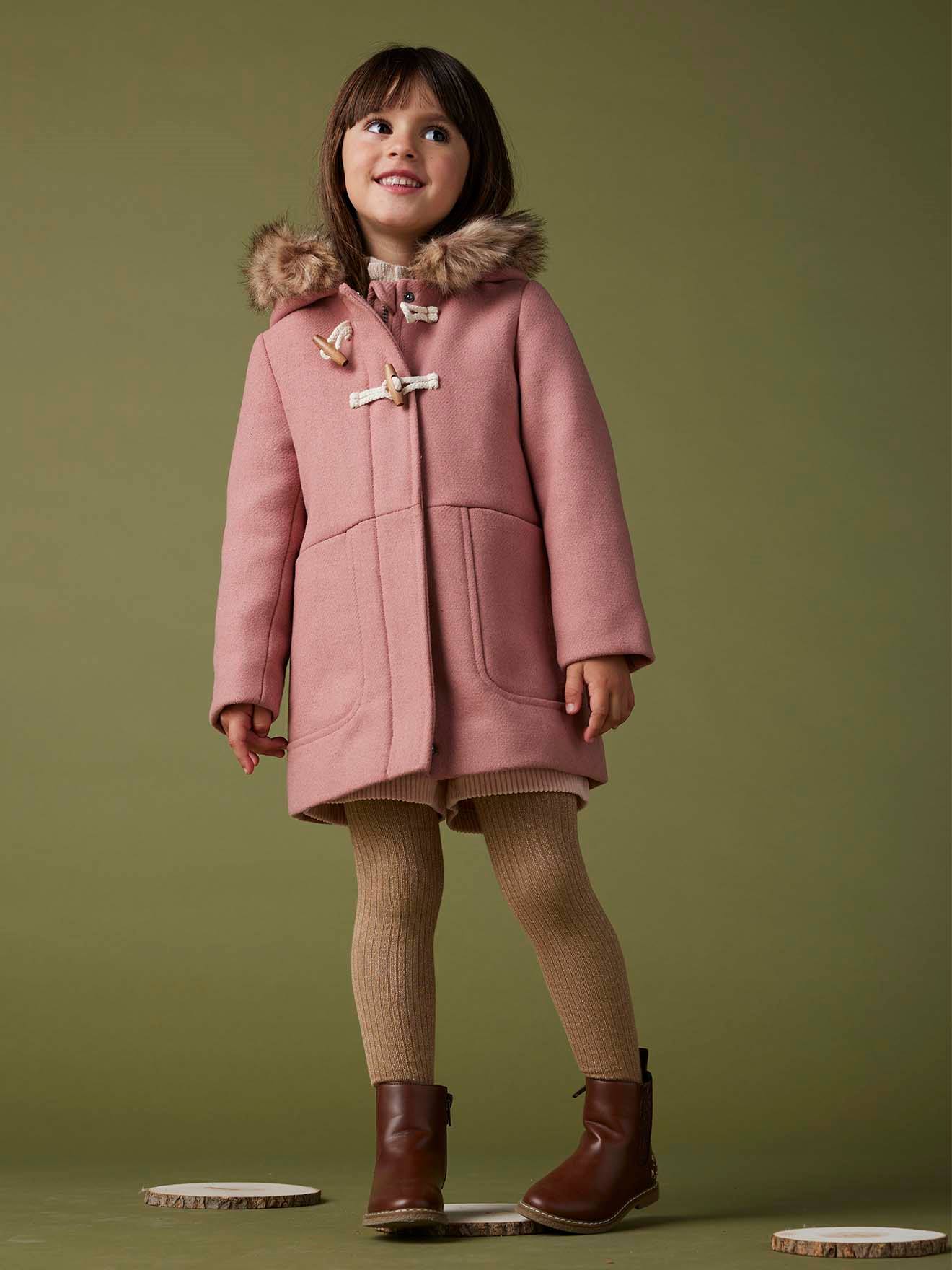 Duffle-coat à capuche en drap de laine fille fermé par brandebourgs blush