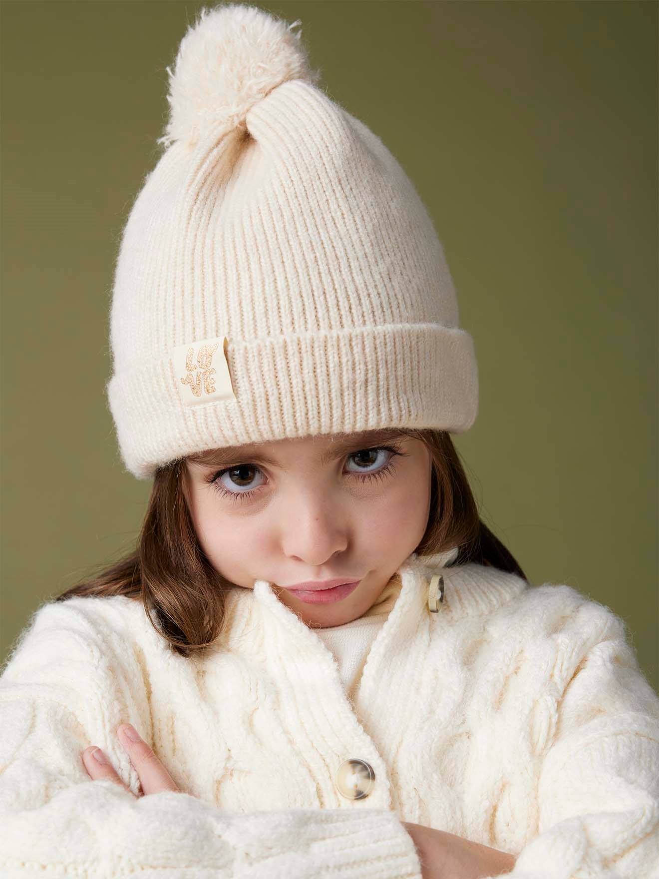 Ensemble fille en maille côtelée bonnet + écharpe + moufles/mitaines beige chiné