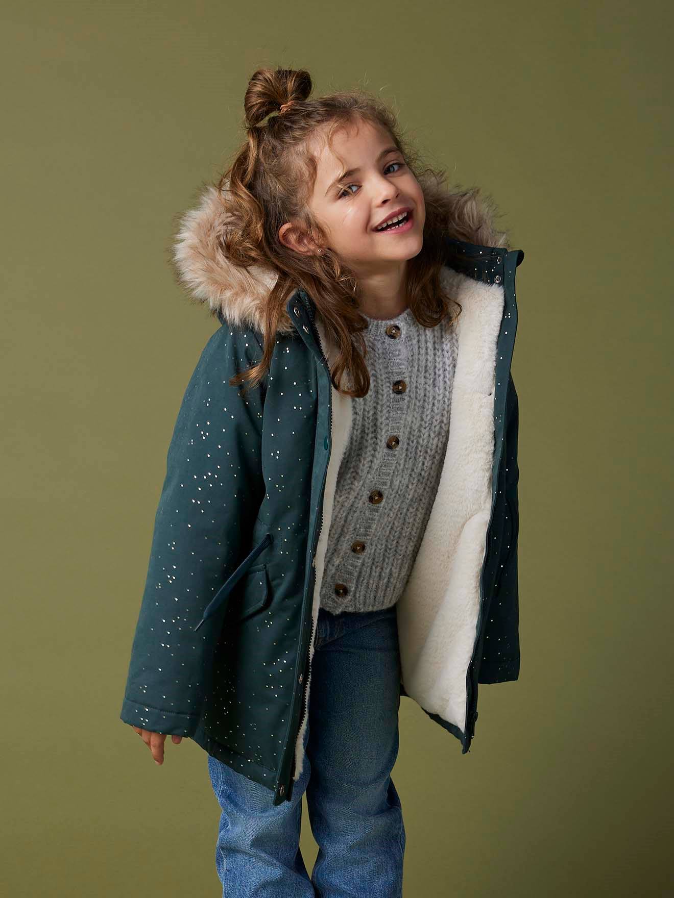 Parka à paillettes glitter fille doublée fausse fourrure vert émeraude