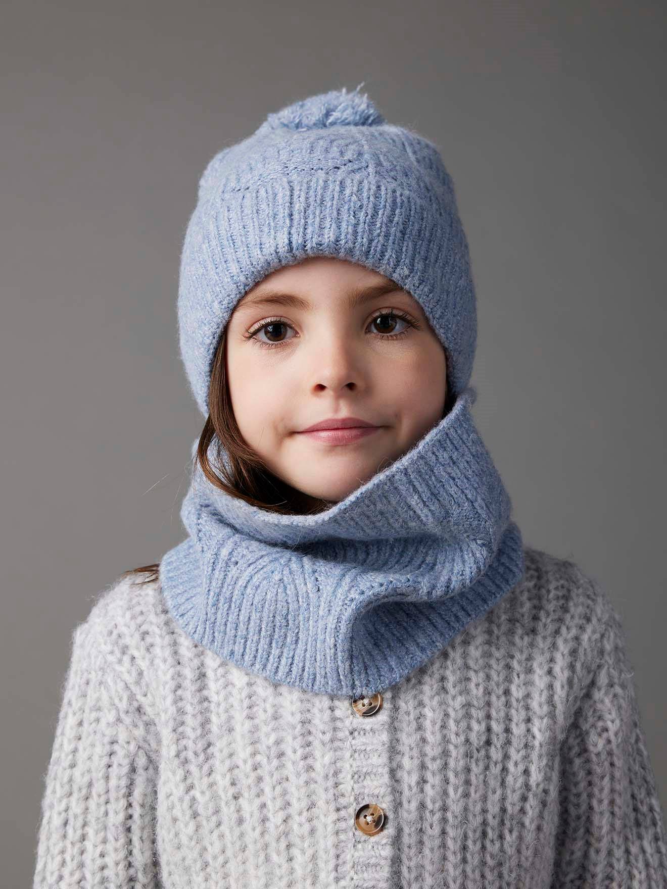 Ensemble bonnet + snood + moufles en maille torsadée mousseuse bleu grisé