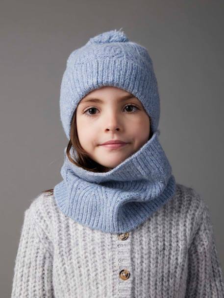 Fille-Ensemble bonnet + snood + moufles en maille torsadée mousseuse