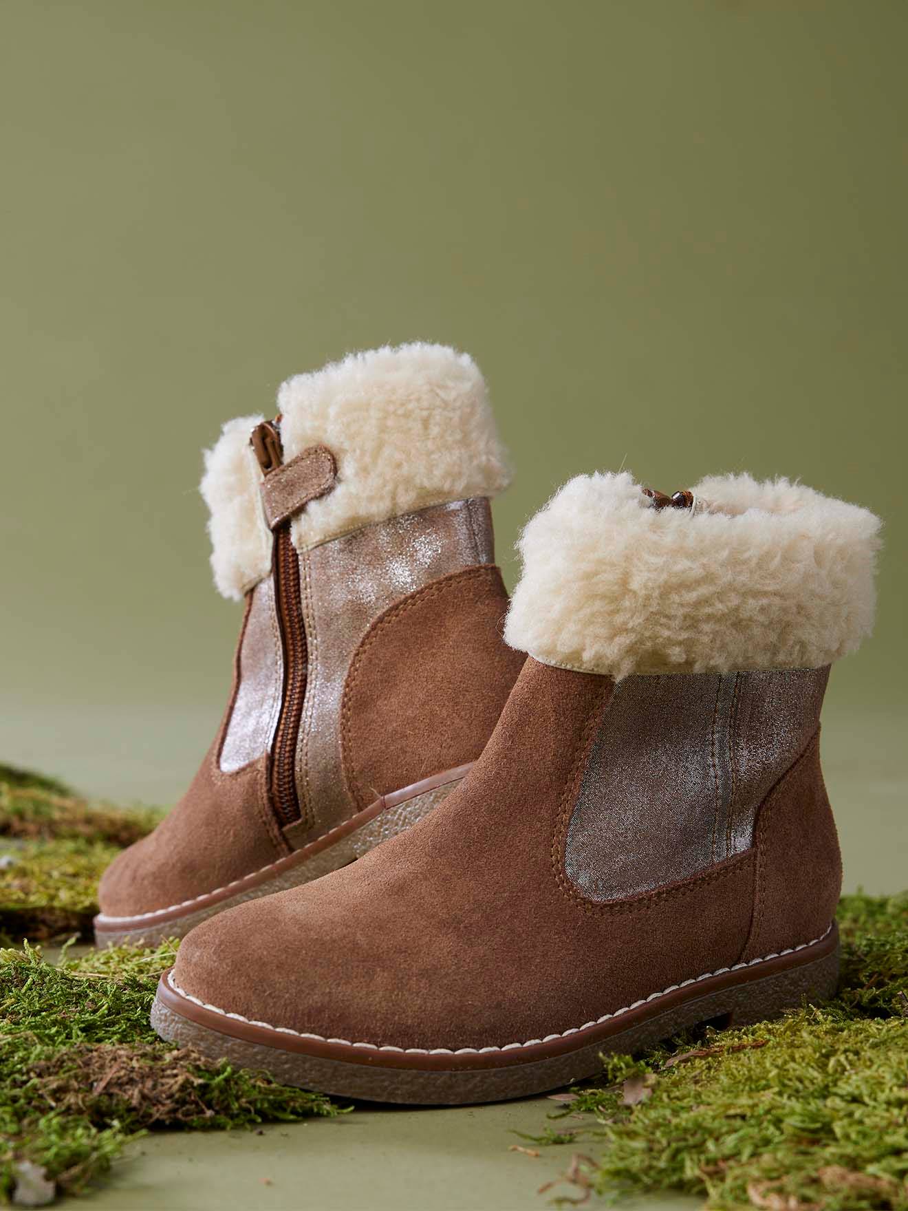 Boots fourrées et zippées cuir fille camel