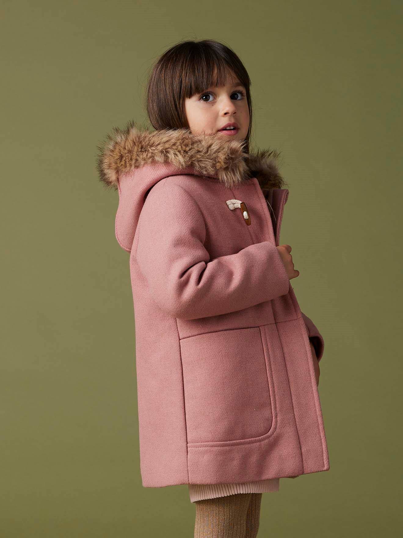 Duffle coat a capuche en drap de laine fille ferme par brandebourgs blush Vertbaudet