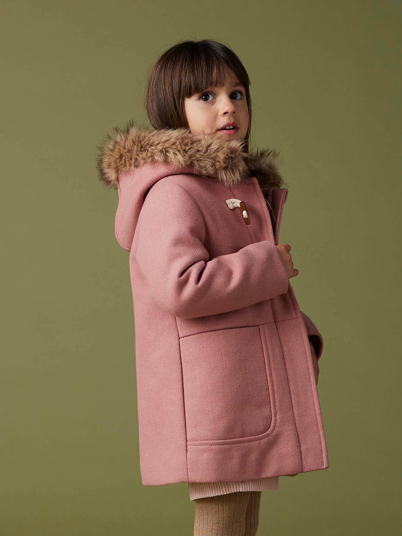 Duffle-coat à capuche fille drap de laine blush