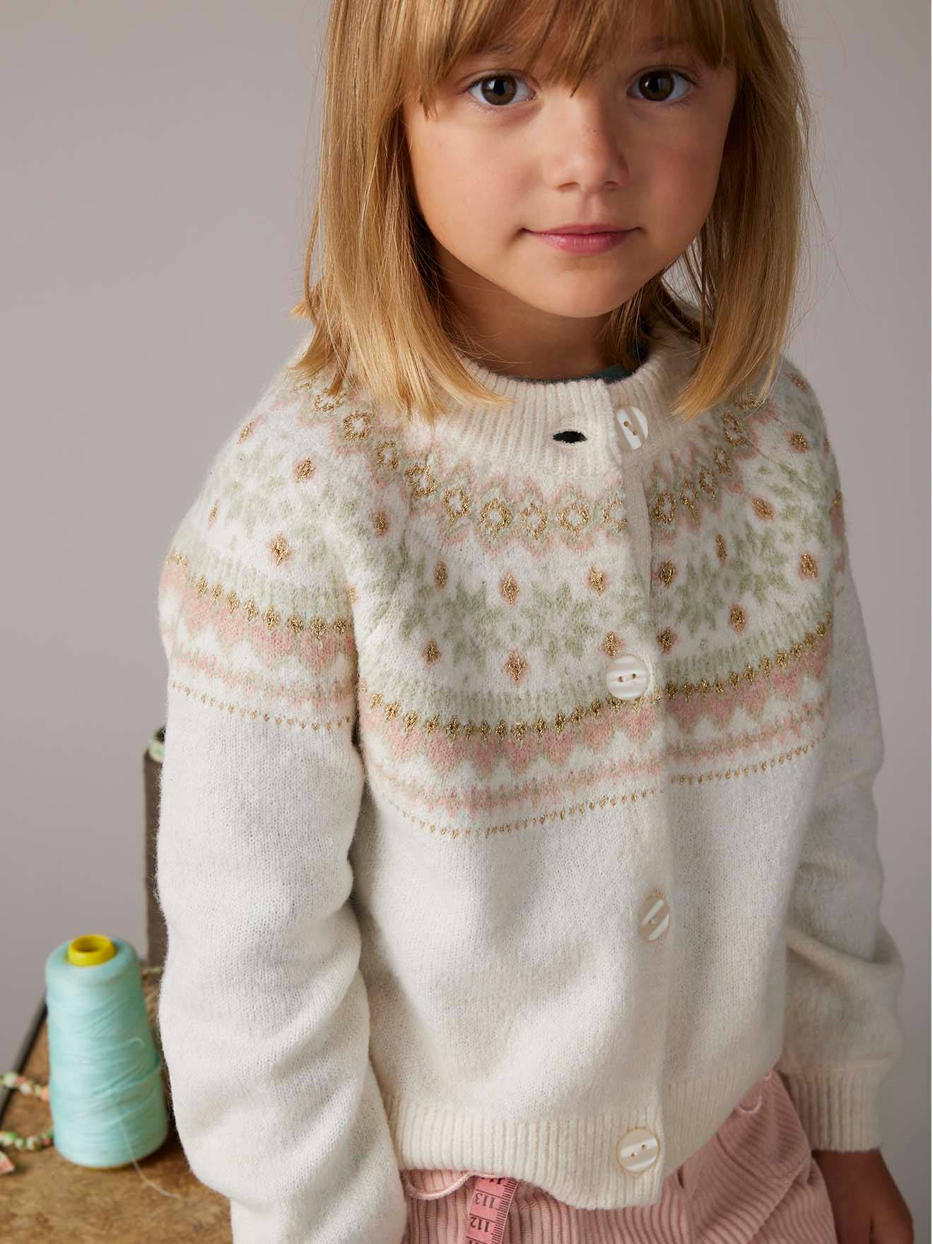 Gilet jacquard fille maille fantaisie fil brillant écru