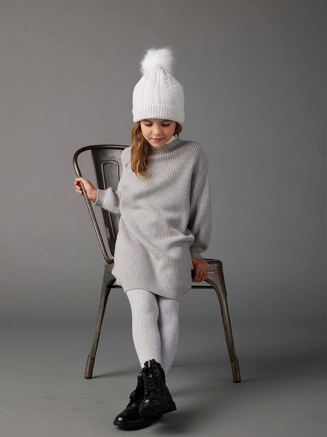 Robe en maille fine col en broderie anglaise fille gris chiné