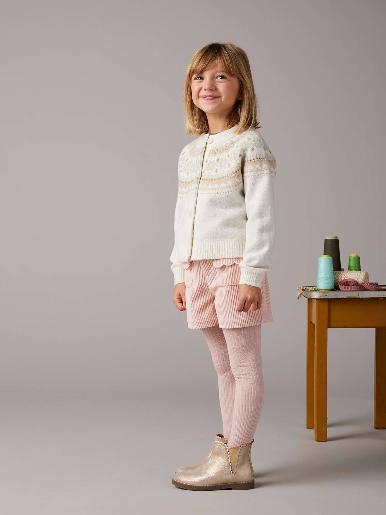 Short velours fille poches festonnées rose poudré