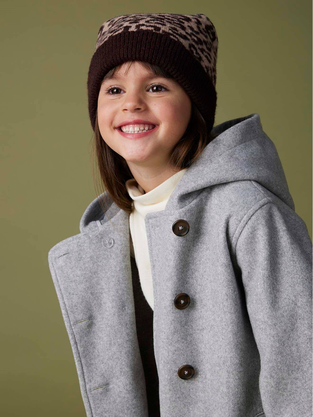 Manteau à capuche en lainage effet flanelle fille gris chiné
