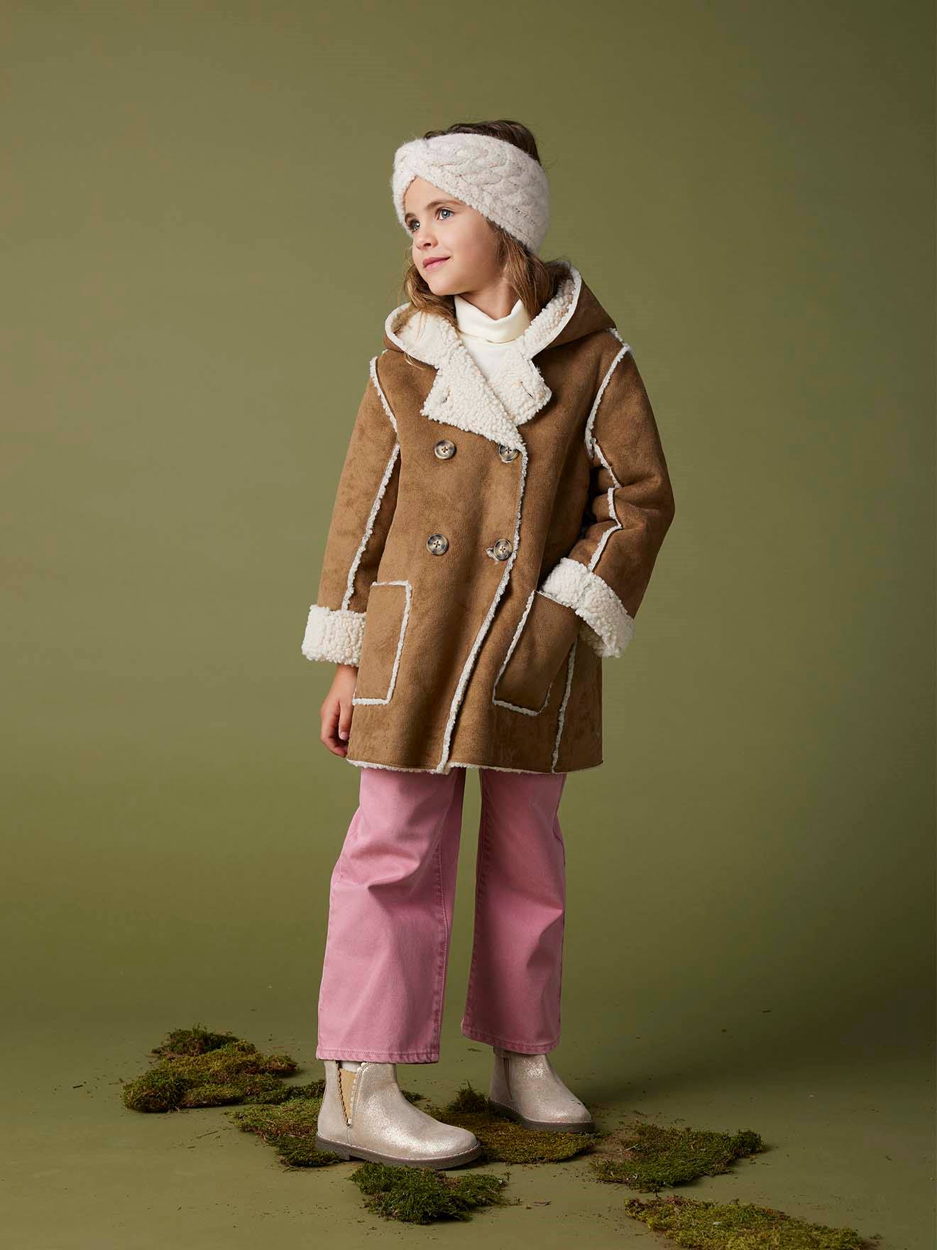 Manteau à capuche en peau lainée réversible fille marron