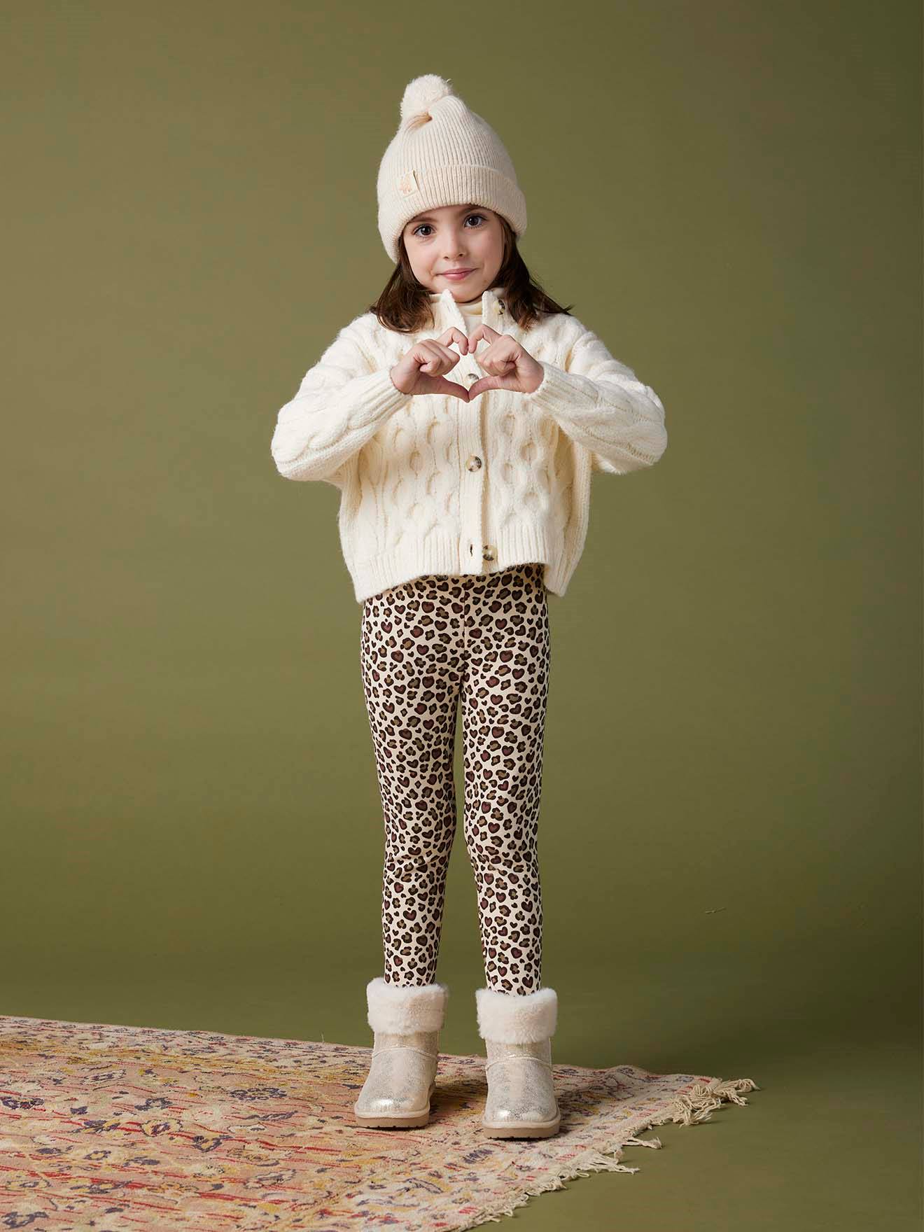 Legging fille doublé maille polaire marron imprimé