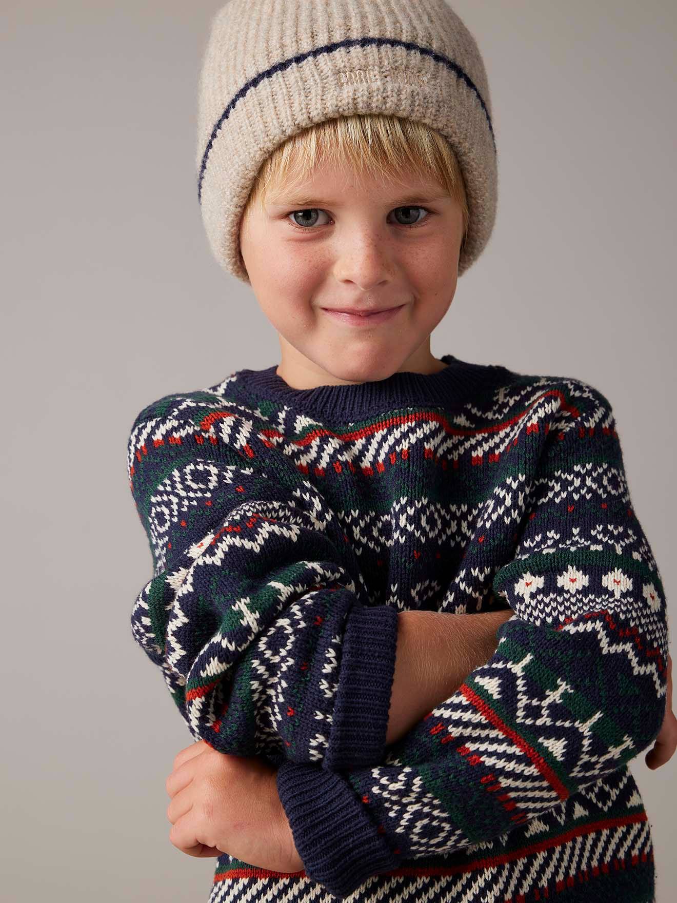 Pull jacquard col rond garçon bleu nuit