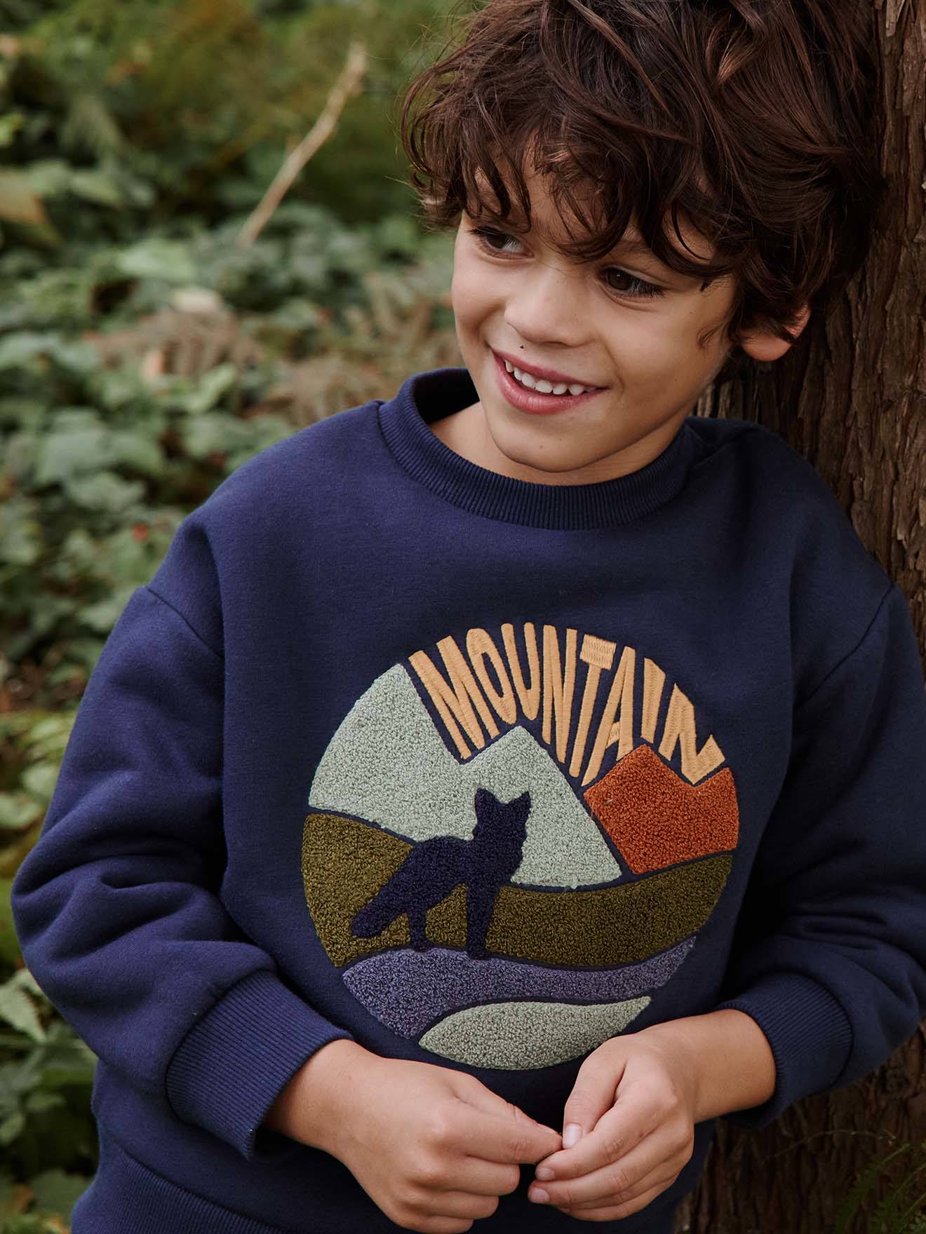 Sweat motif loup doublé polaire garçon bleu nuit