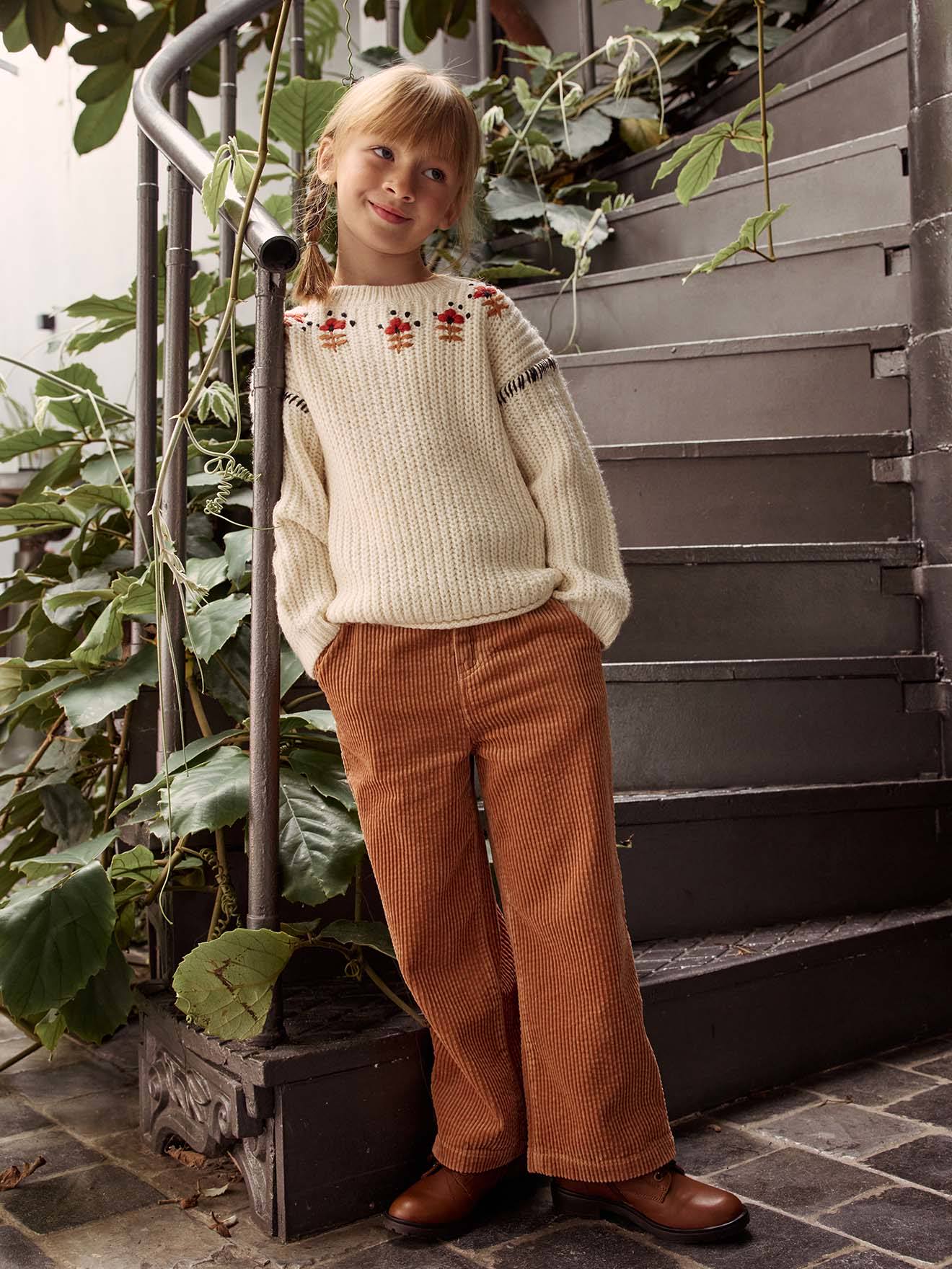Pantalon large en velours côtelé style paperbag fille cannelle