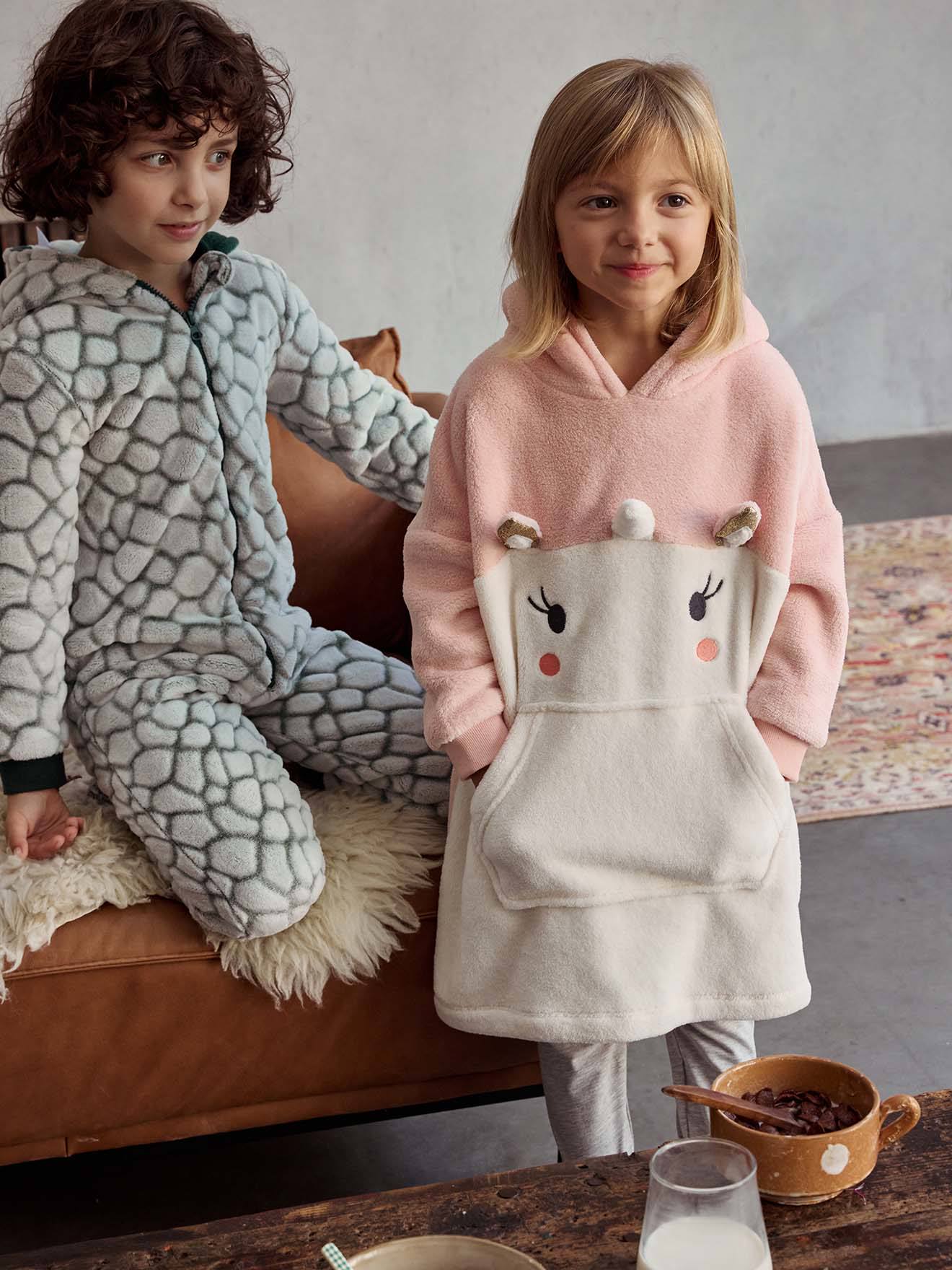 Peignoir plaid à capuche licorne fille écru