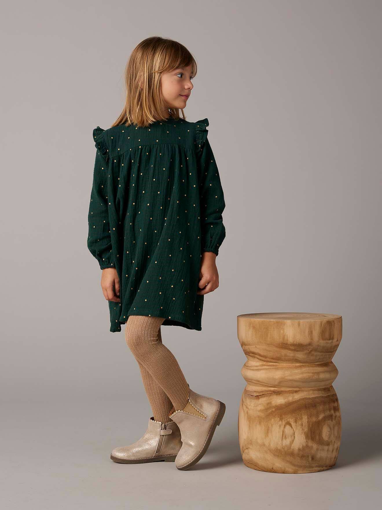 Robe en gaze de coton avec volants épaule vert sapin