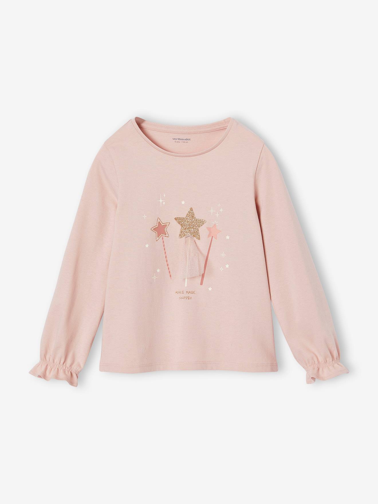 T-shirt de Noël baguettes magiques pailletées fille rose poudré