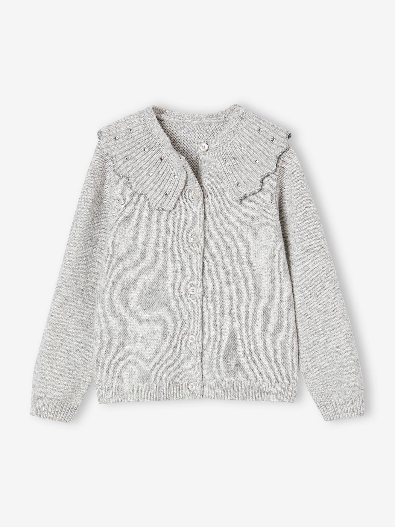 Gilet fille col à strass gris chiné