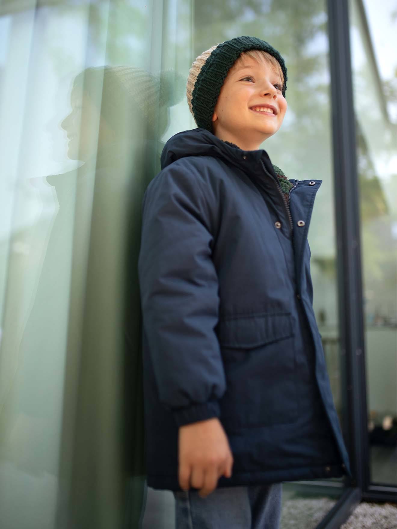 Parka à capuche doublée sherpa camouflage garçon bleu nuit