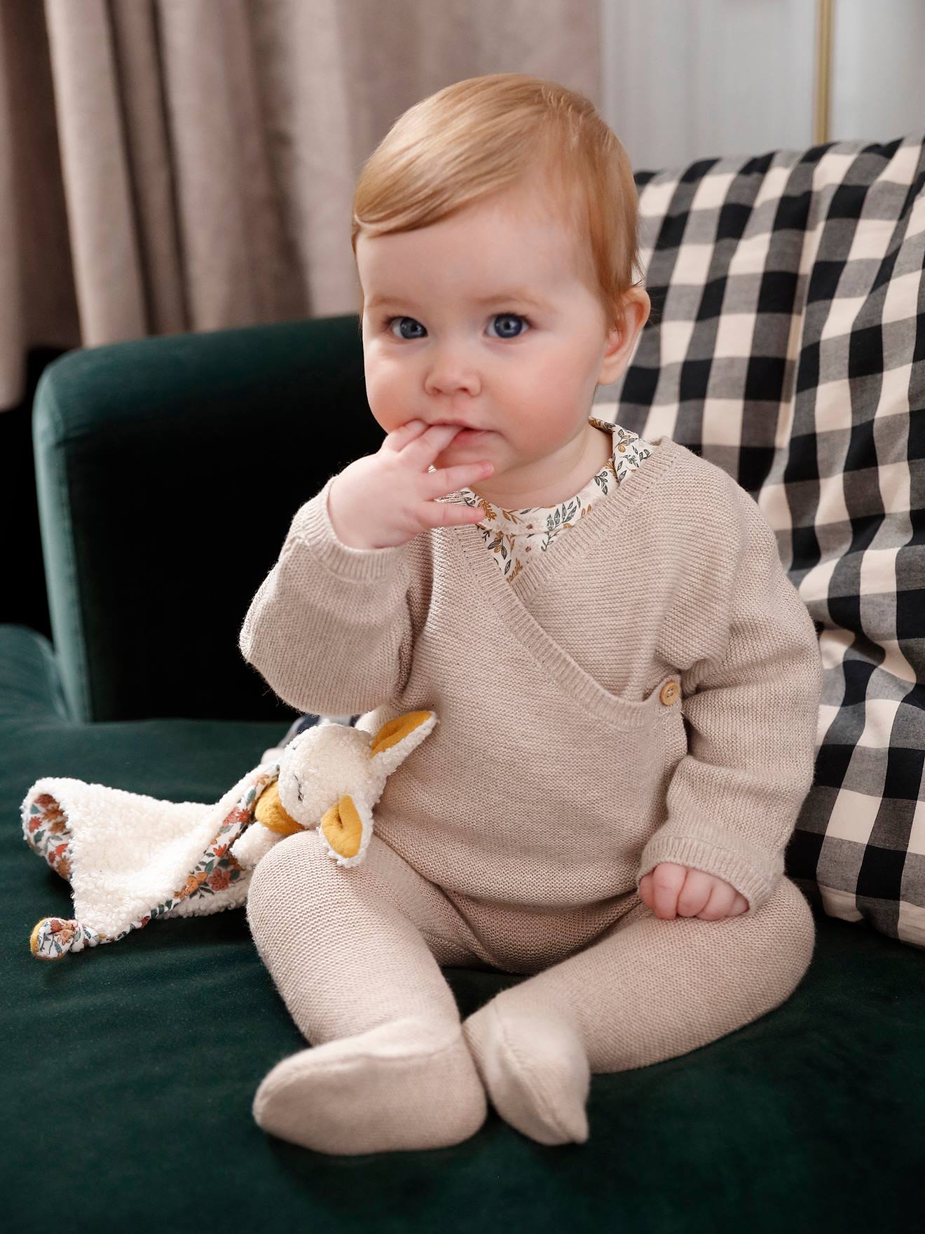 Pantalon à pieds bébé en tricot coton/laine beige chiné