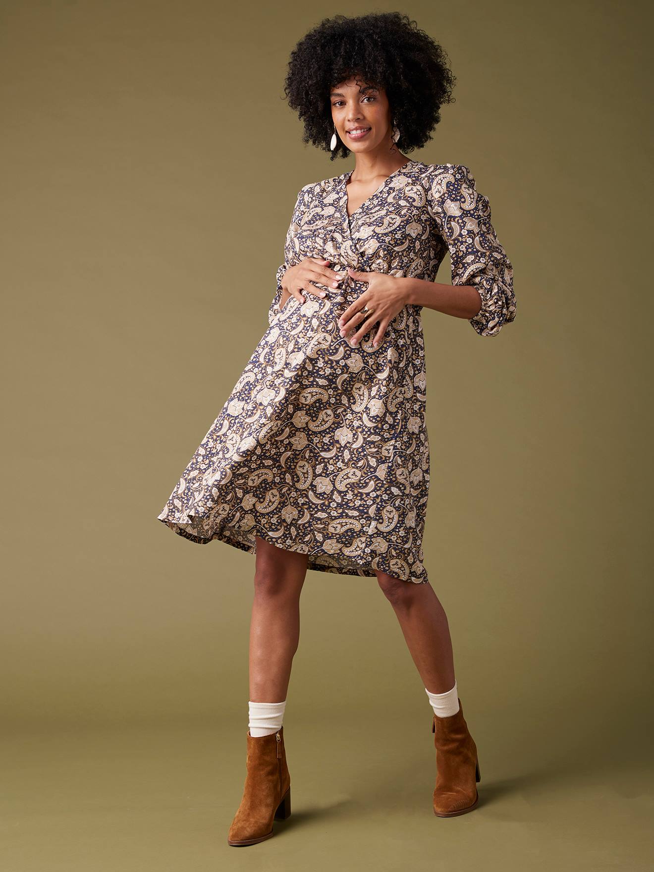 Robe de grossesse imprimée fleurs fil brillant marine