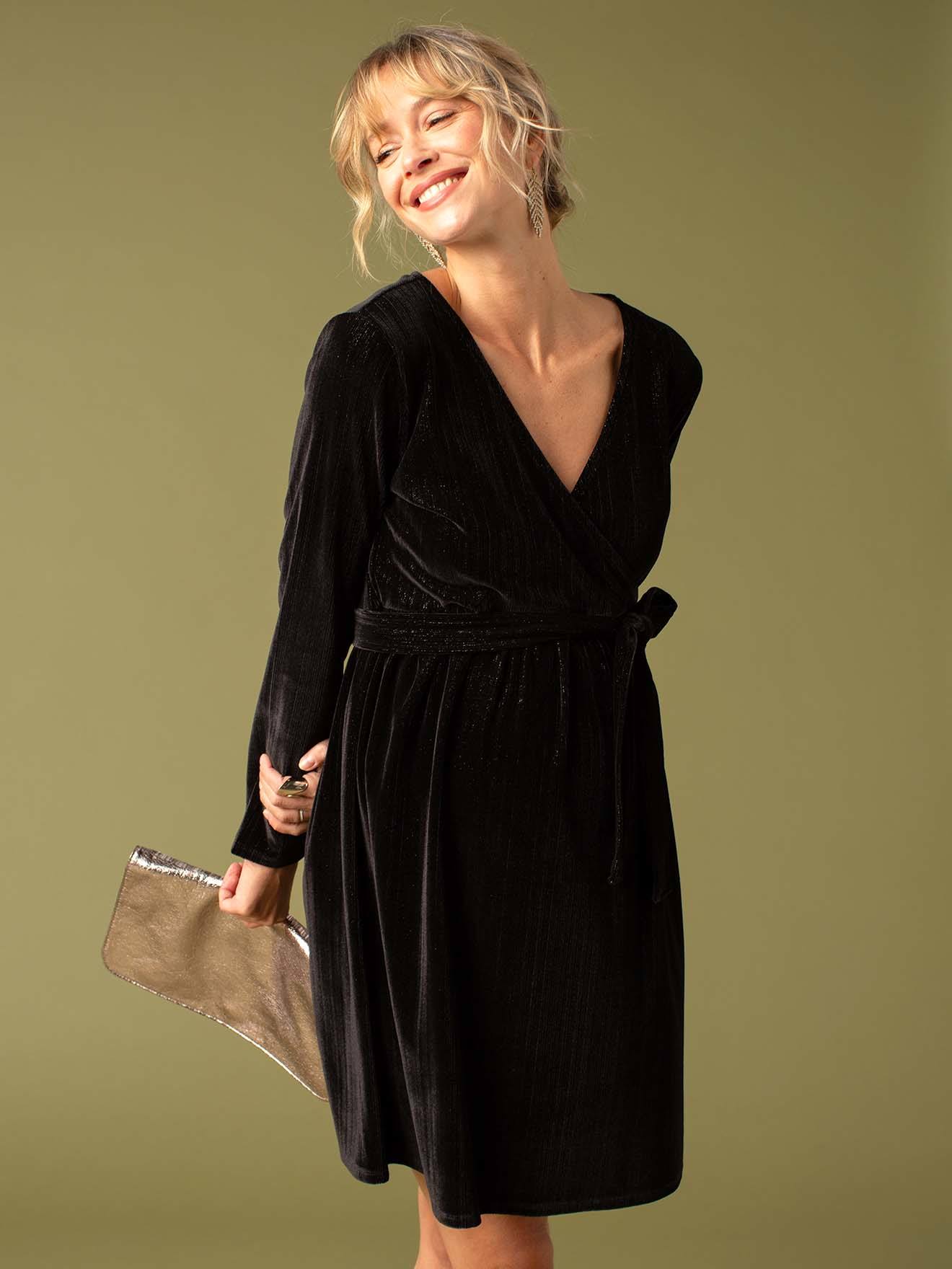 Robe de grossesse effet cache-coeur en velours ENVIE DE FRAISE noir