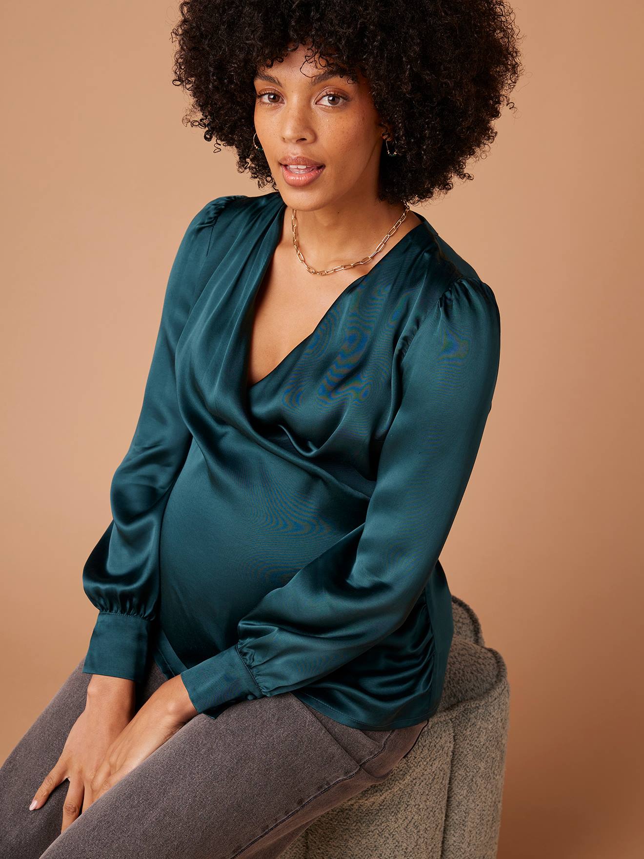Blouse cache-coeur de grossesse effet satiné ENVIE DE FRAISE bleu pétrole