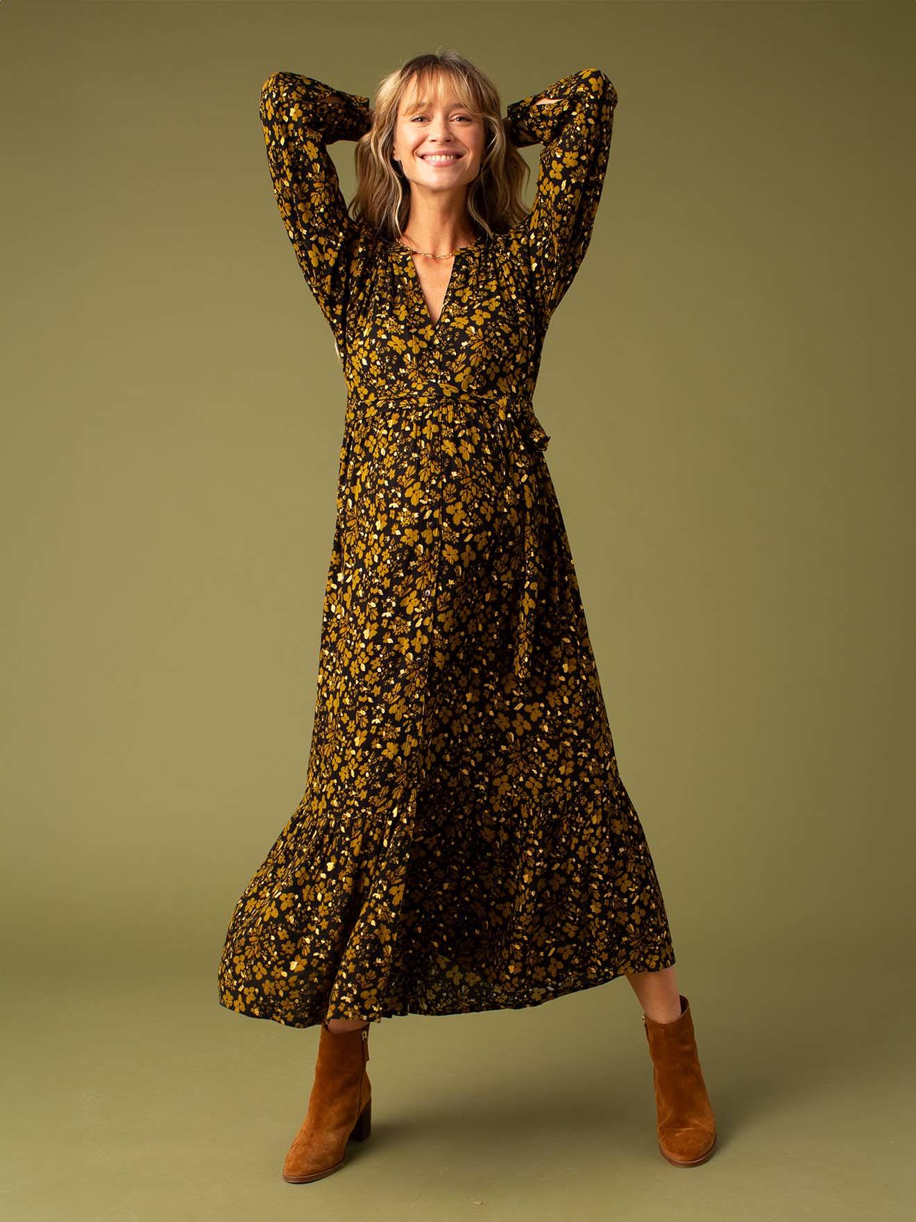 Robe longue de grossesse imprimée fleurs détails irisés ENVIE DE FRAISE anthracite