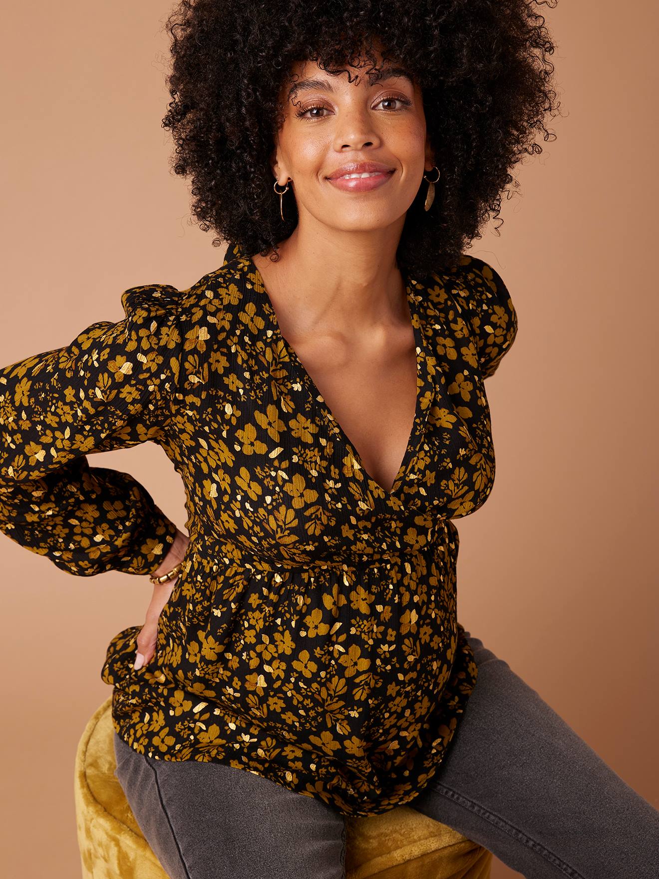 Blouse de grossesse imprimé fleurs détails irisés anthracite