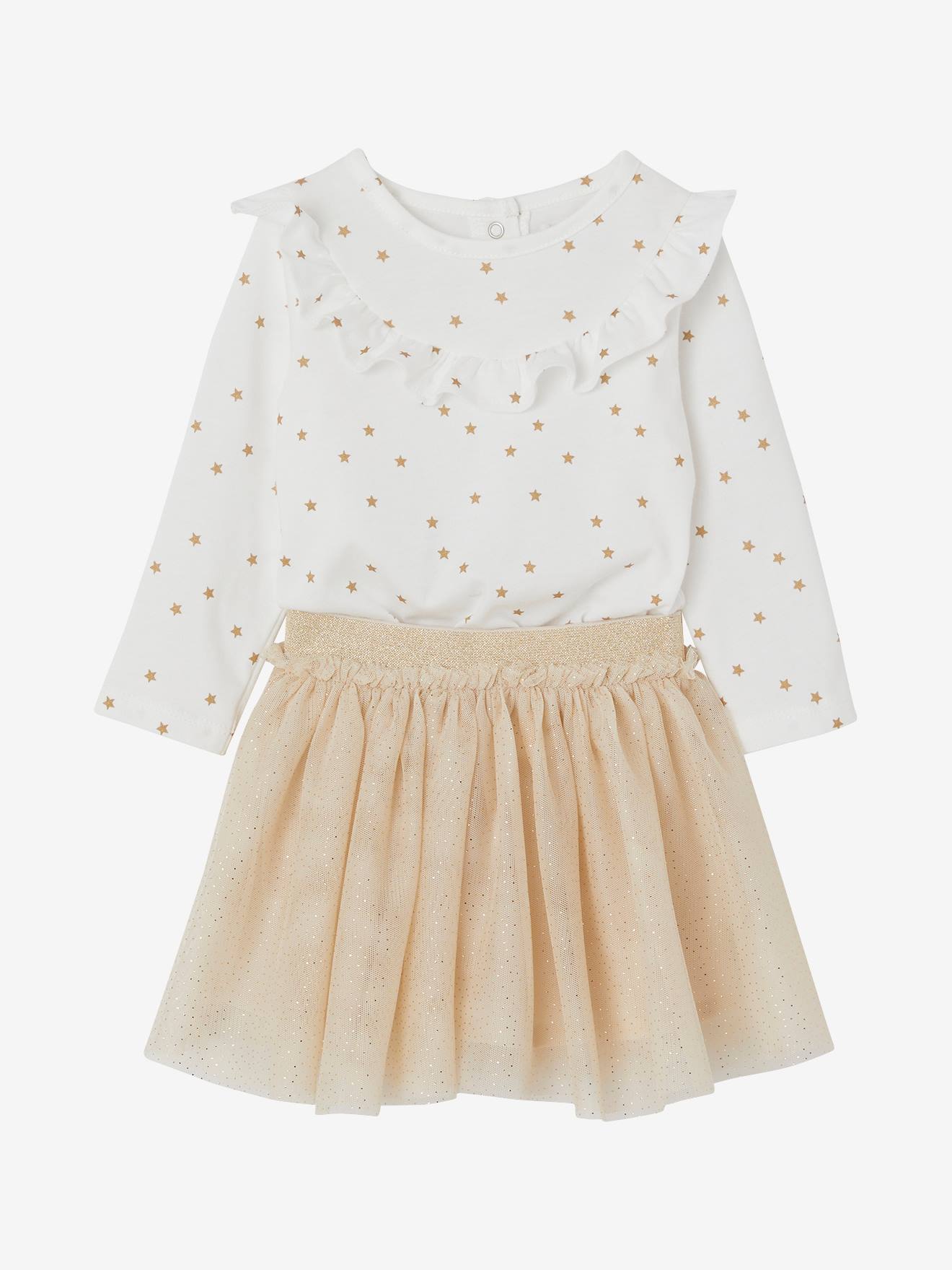Ensemble fête T-shirt étoilé + jupon brillant bébé fille or
