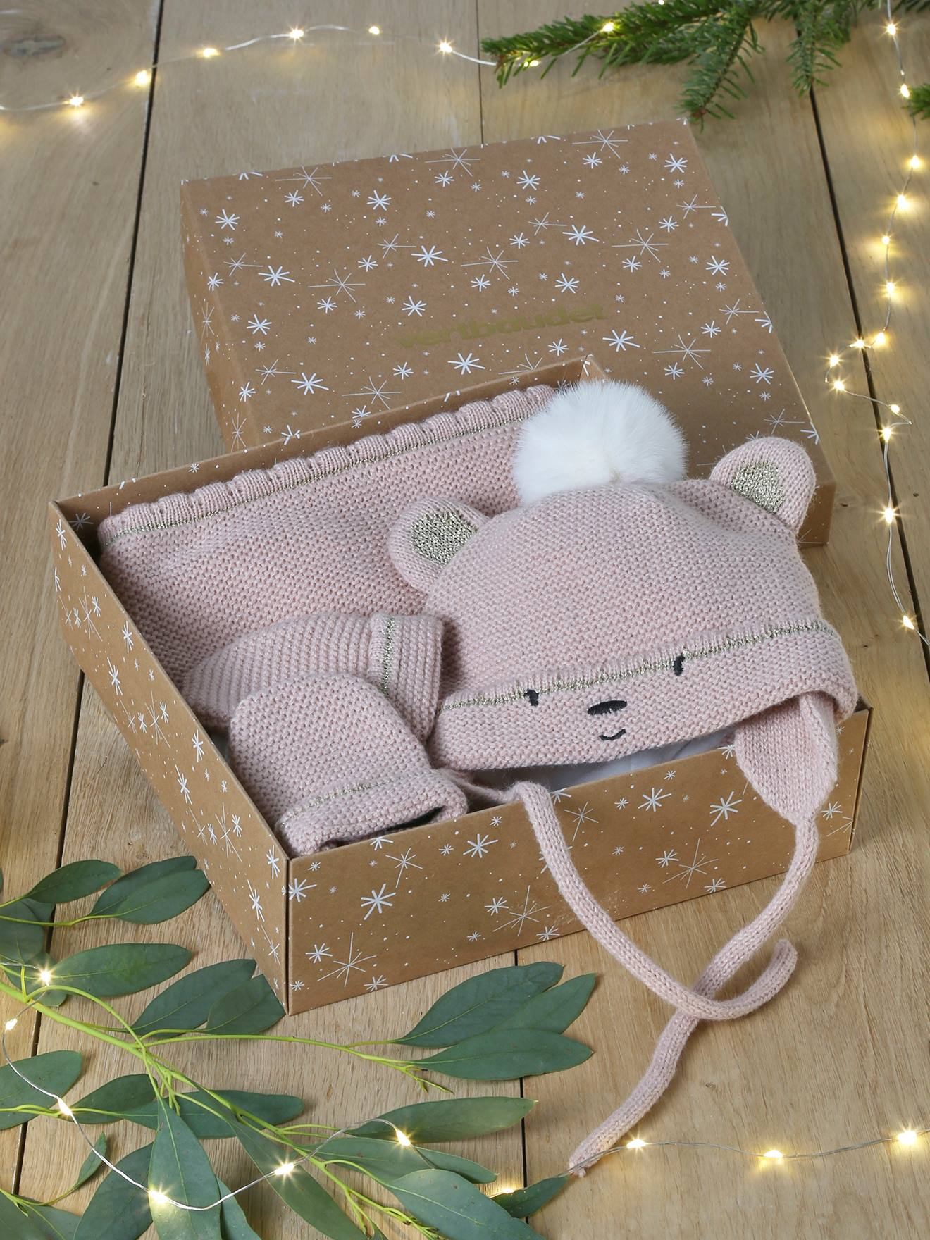 Coffret Noël bébé fille bonnet + snood + moufles rose poudré