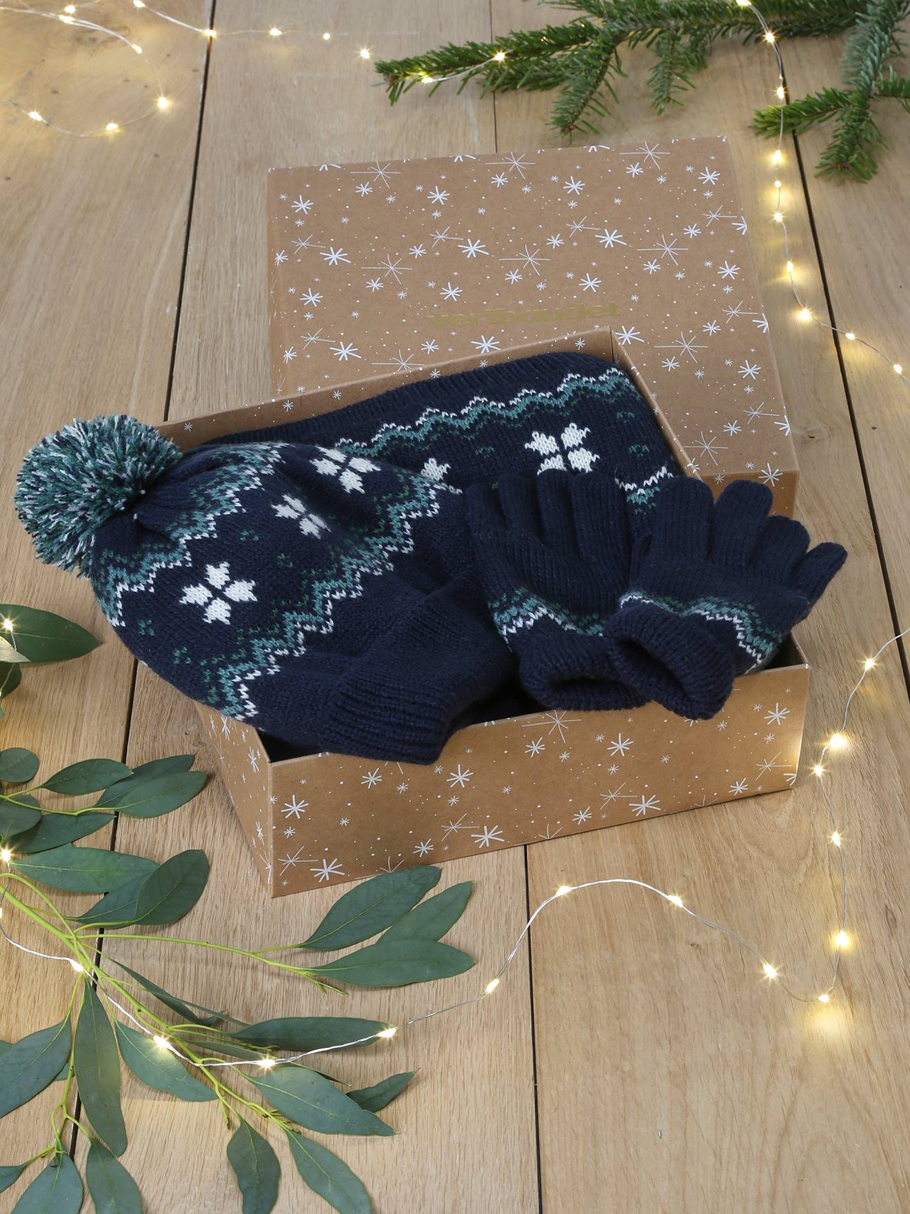 Coffret Noël Flocon garçon bonnet + snood + gants/mitaines marine