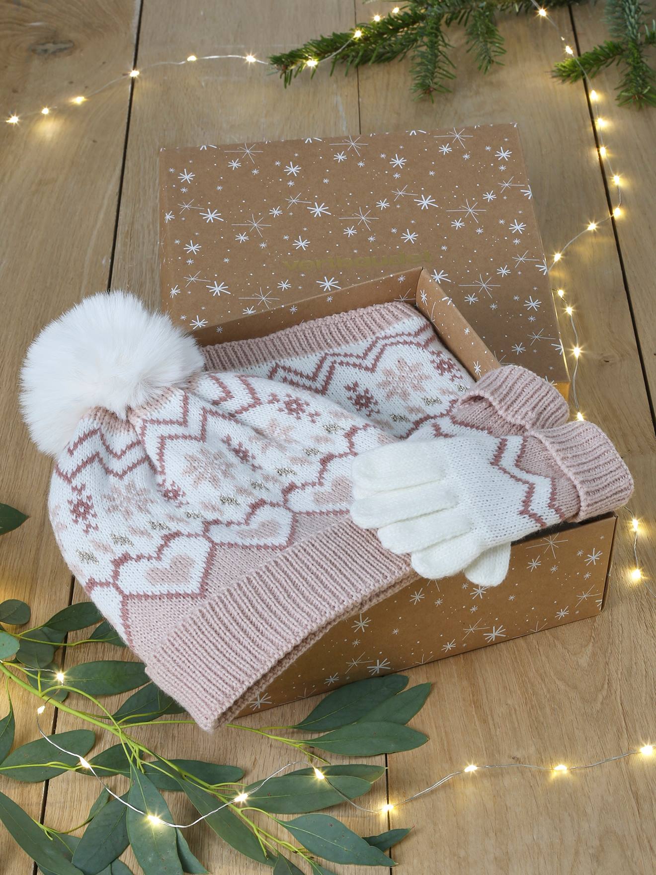 Coffret de Noël Jacquard fille ensemble bonnet + snood + gants rose poudré