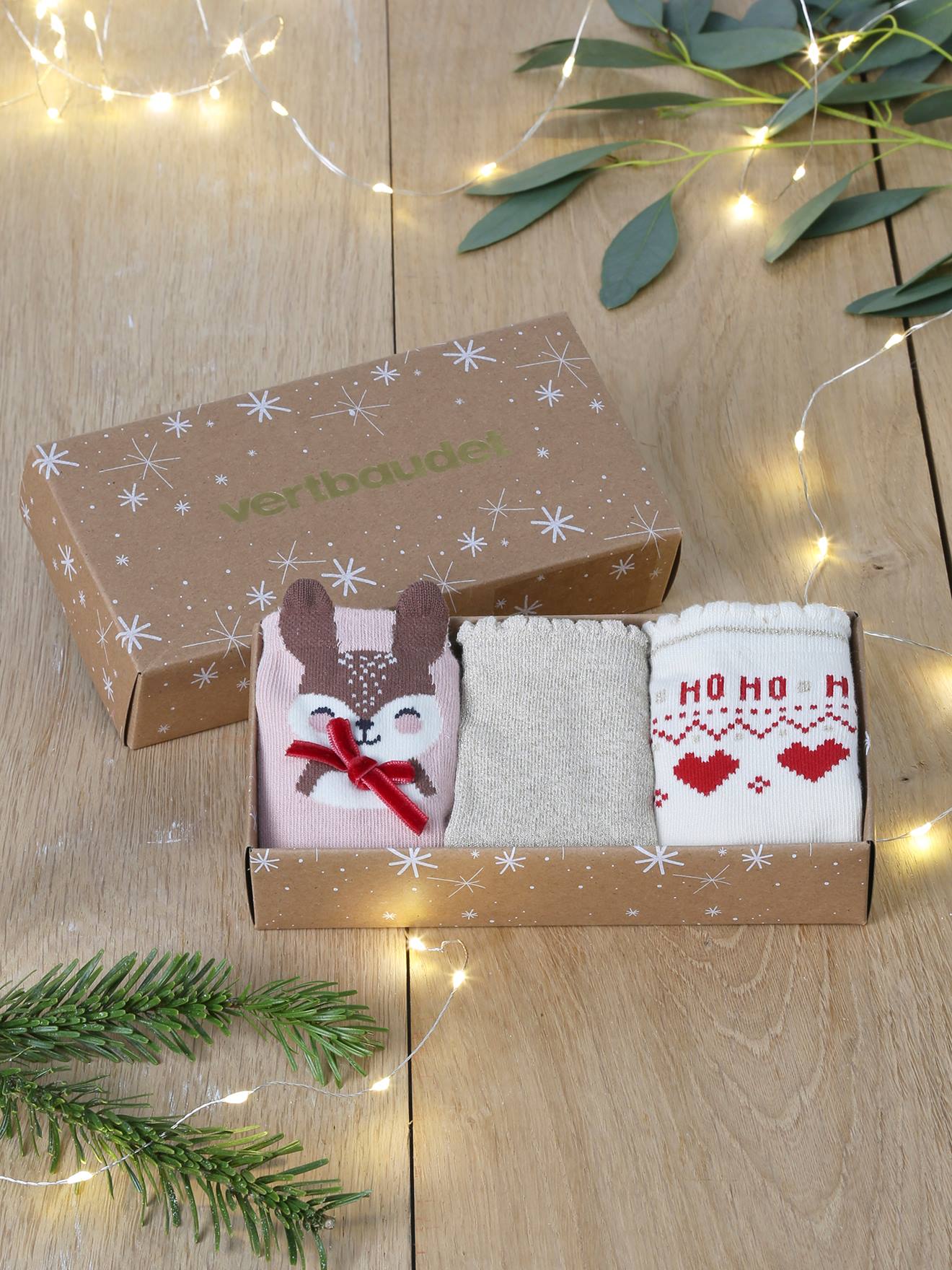 Coffret de Noël lot de 3 paires de chaussettes rose poudré