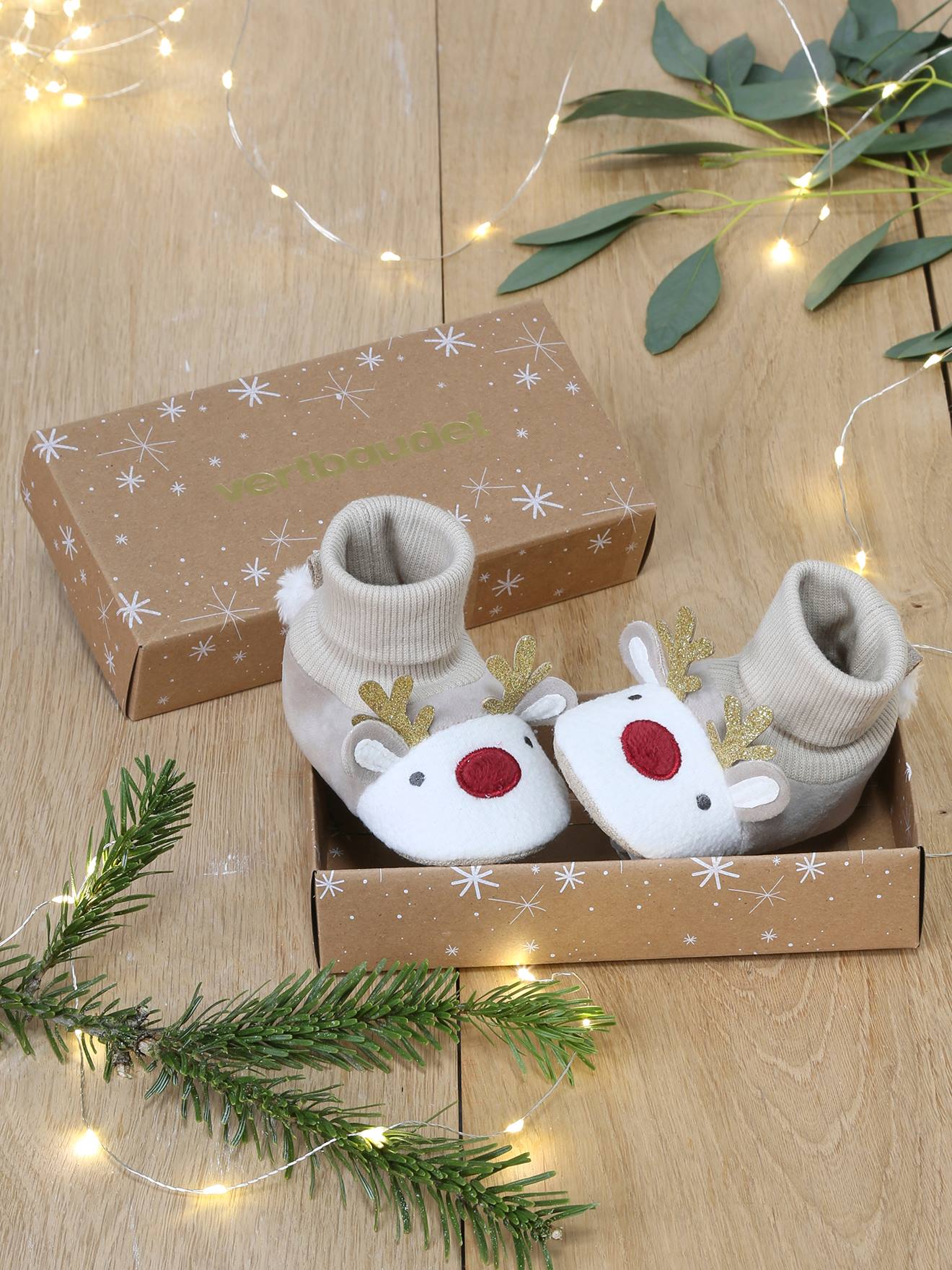 Chaussons de Noël Rennes beige