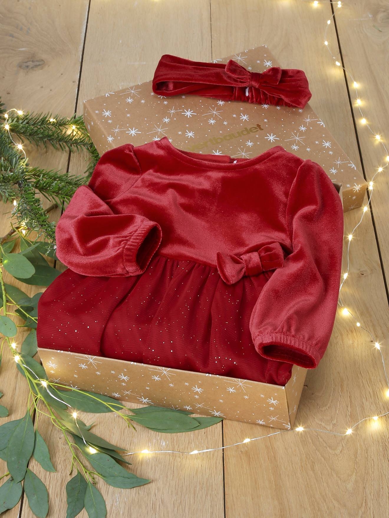 Coffret de Noël robe tulle pailleté et bandeau bébé rouge