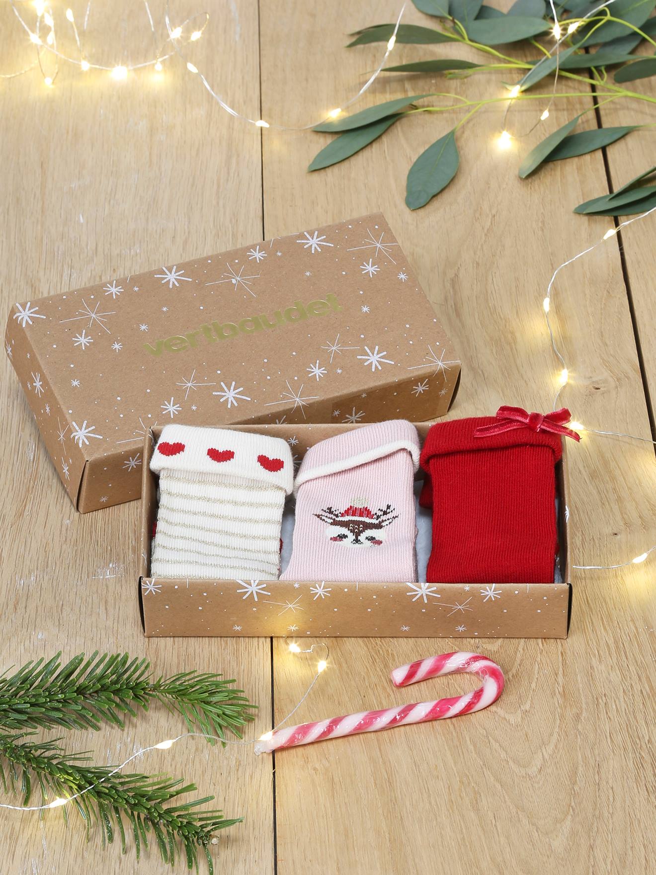 Coffret de Noël 3 paires de chaussettes bébé fille rose poudré