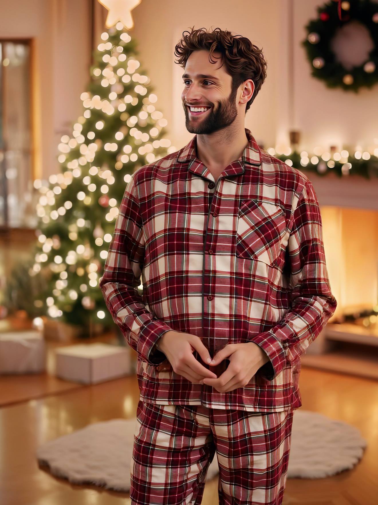 Pyjama Noël homme flanelle carreaux rouge - Vertbaudet