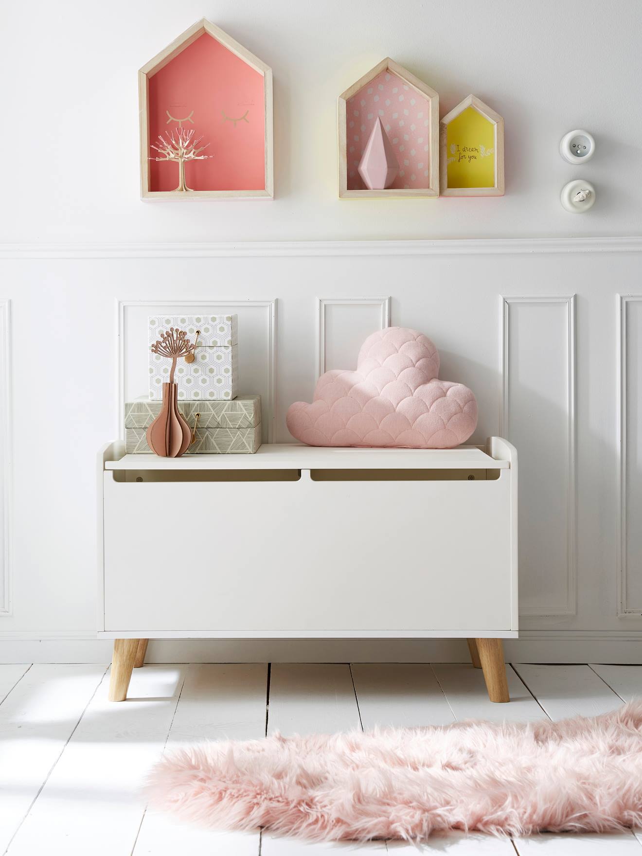 Coffre à jouets LIGNE CONFETTI blanc / bois