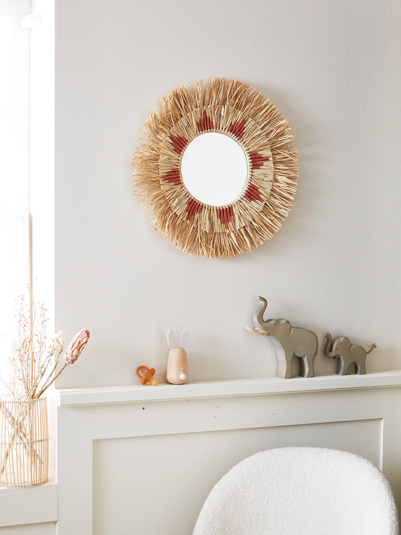 Miroir rond raphia beige / rose