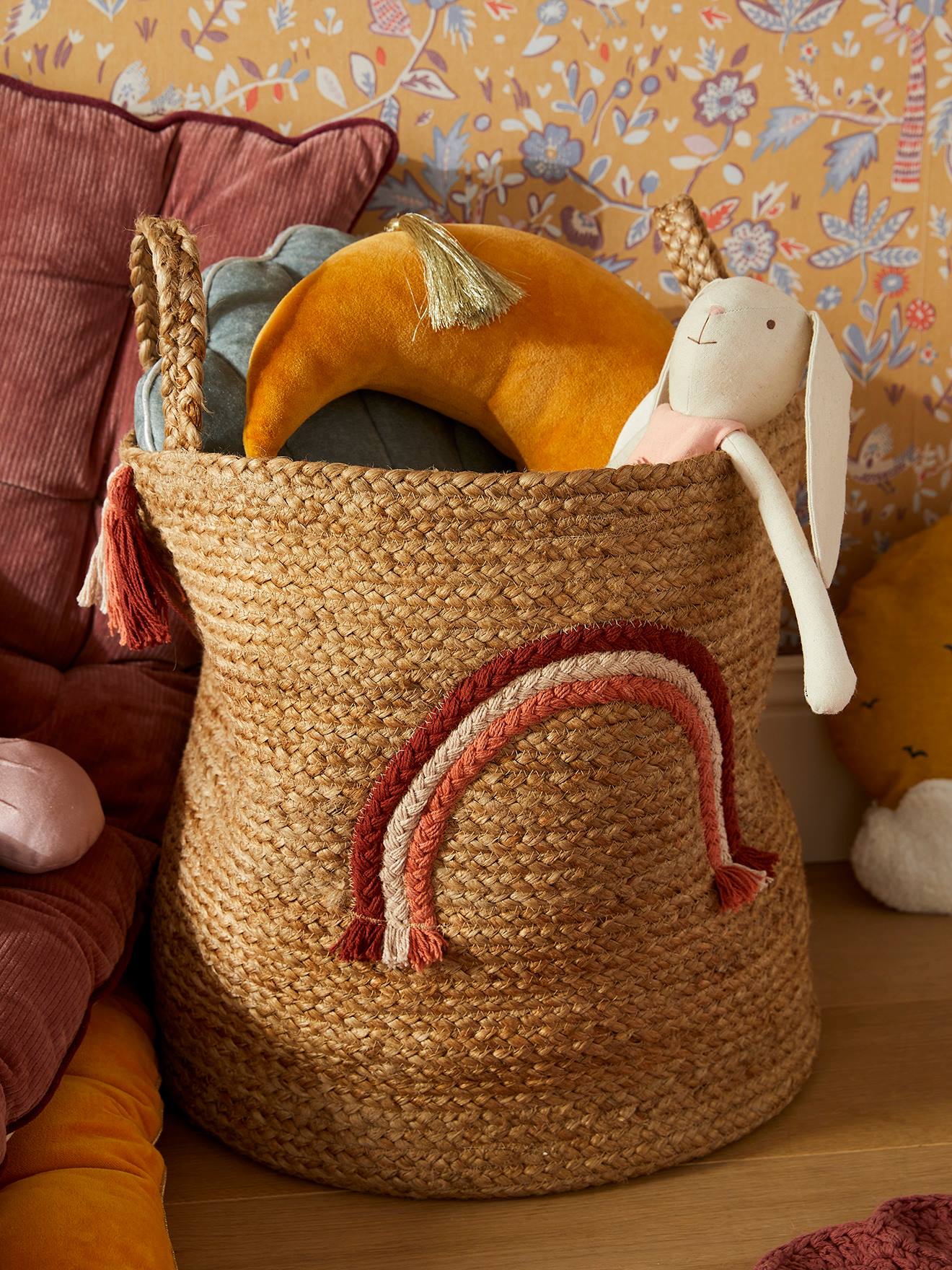 Panier de rangement Arc-en-ciel en jute avec pompons beige (Vertbaudet) - Image 2