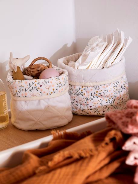 Vertbaudet - Lot de 2 petits paniers de rangement réversibles imprimé fleurs beige