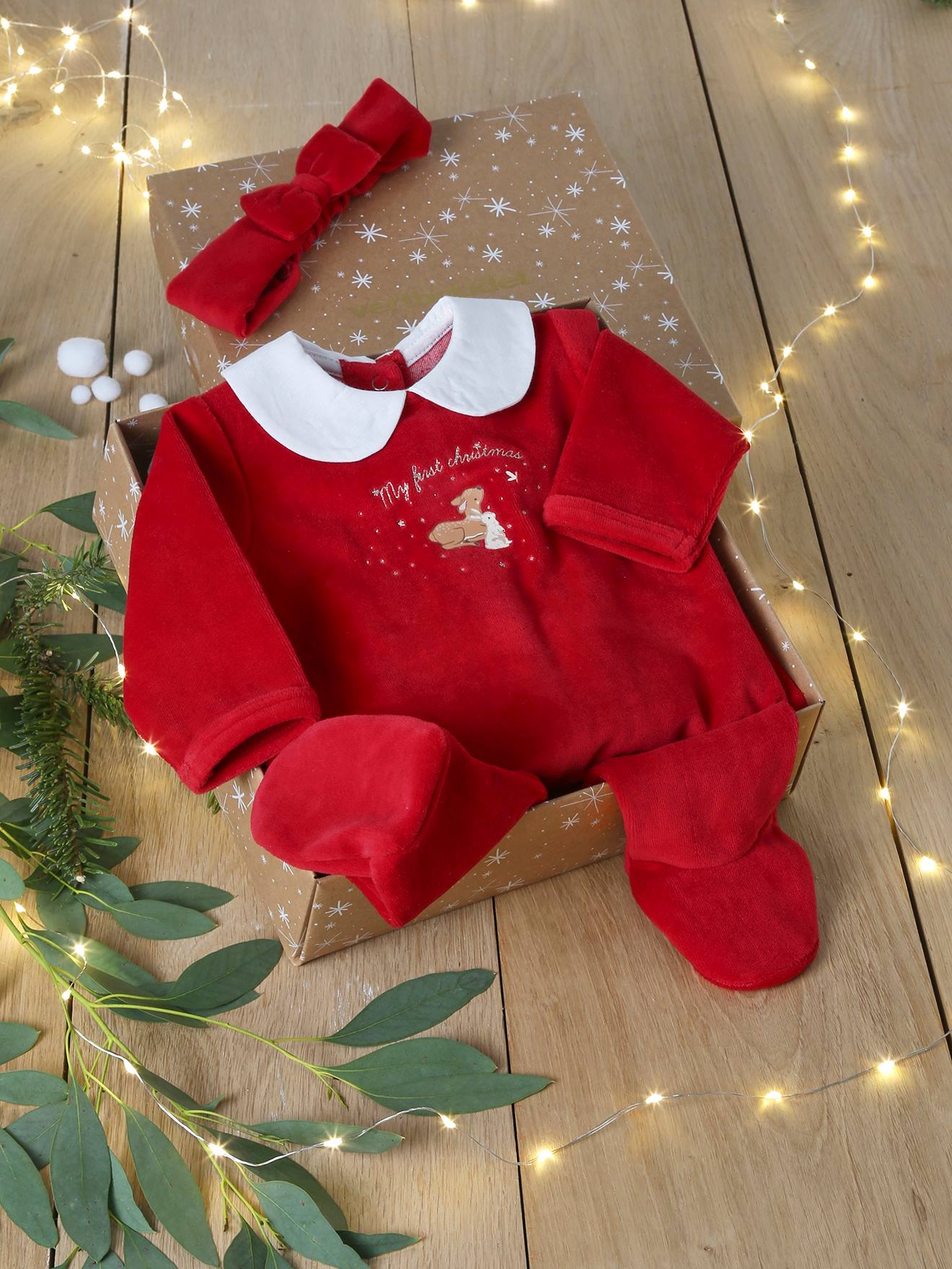 Pyjama bébé fille + bandeau coffret cadeau Noël rouge