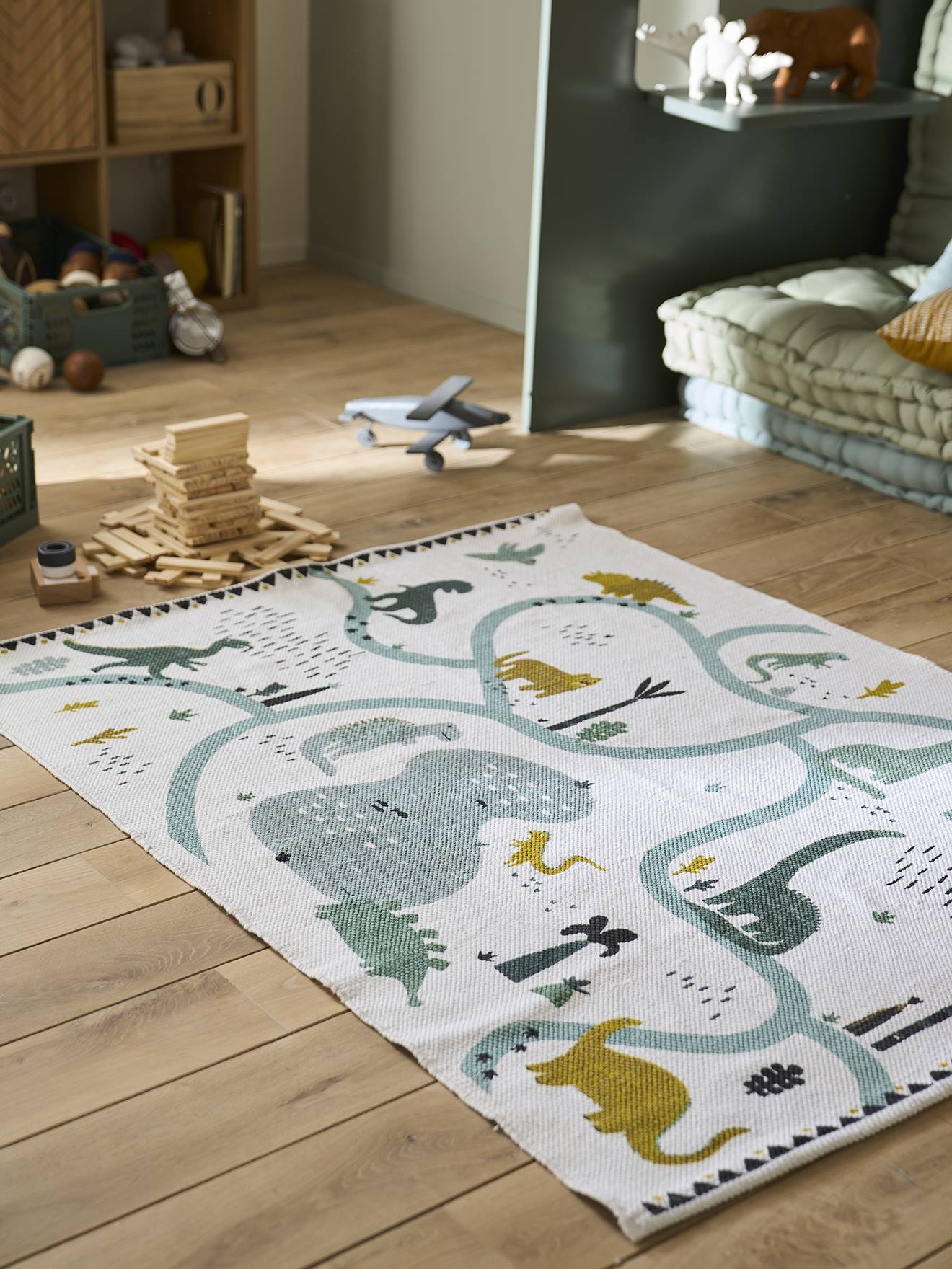 Vertbaudet - Tapis rectangle circuit Dinosaures écru / multicolore