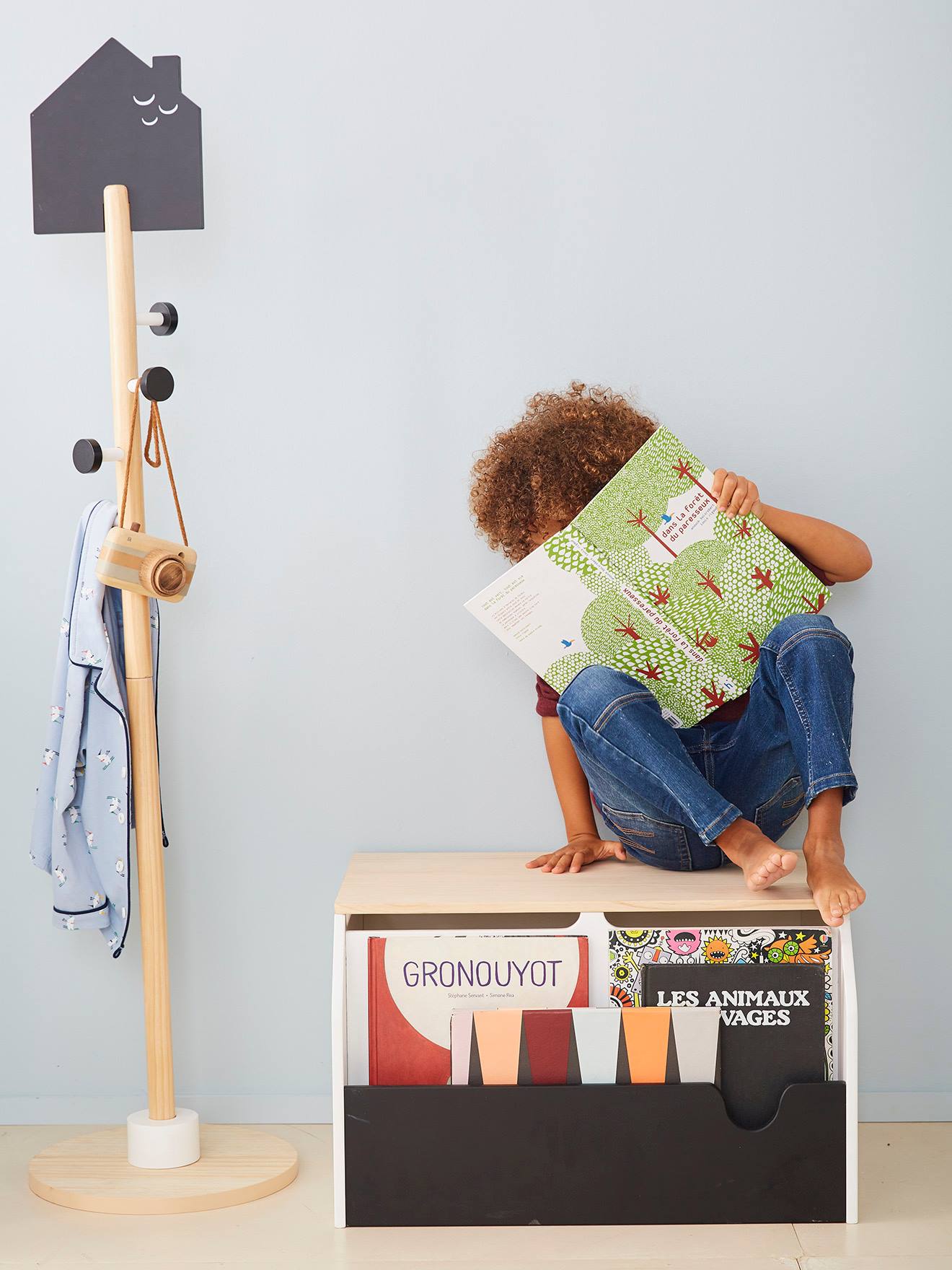 Coffre à livres et jouets SCHOOL blanc - bois - ardoise