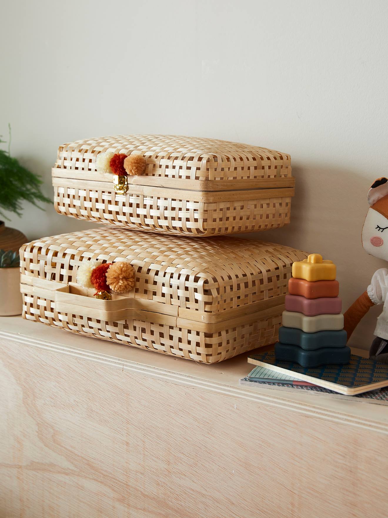 Lot de 2 valisettes en bambou beige